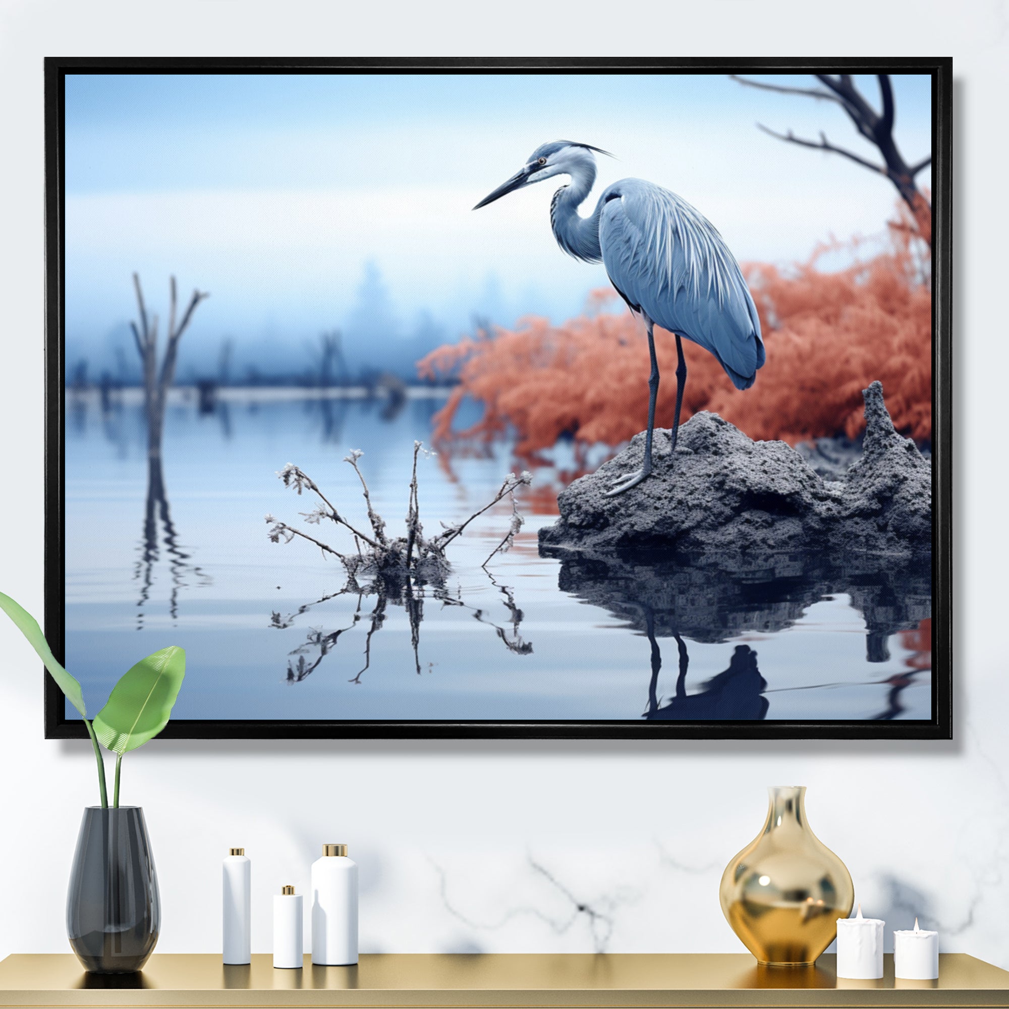 Heron Silent Waters Blue - Heron Canvas Wall Art