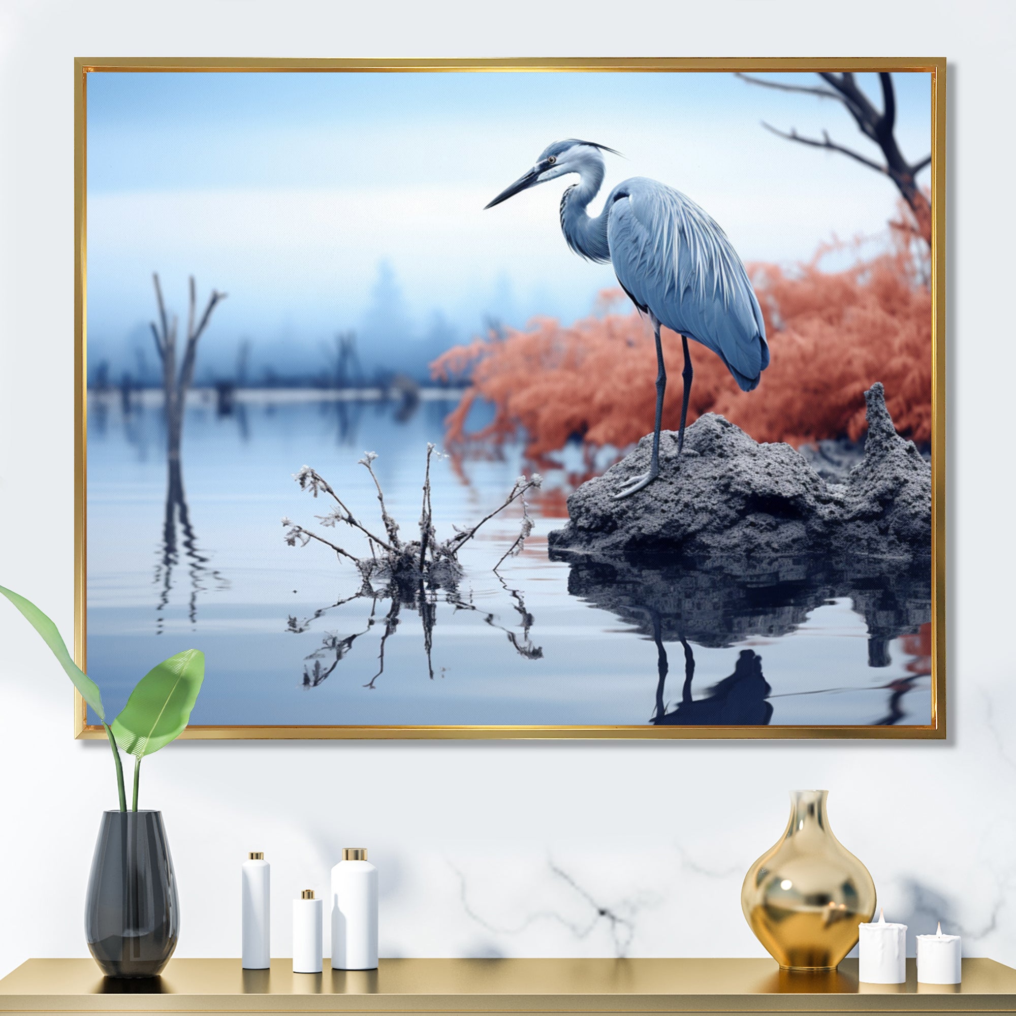Heron Silent Waters Blue - Heron Canvas Wall Art