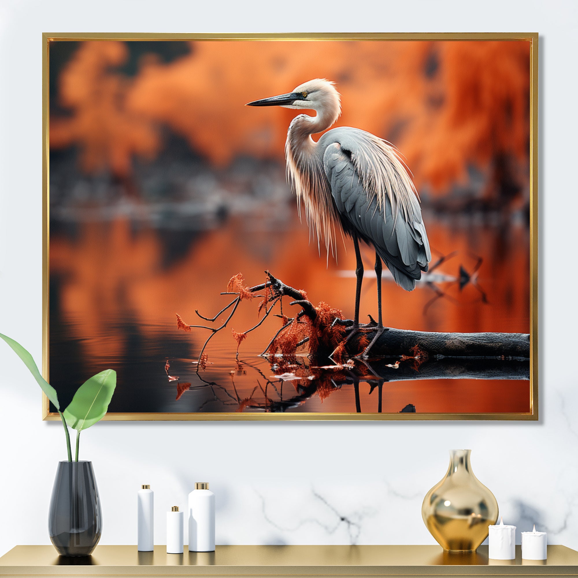 Grey Red Heron Solitude - Heron Wall Decor