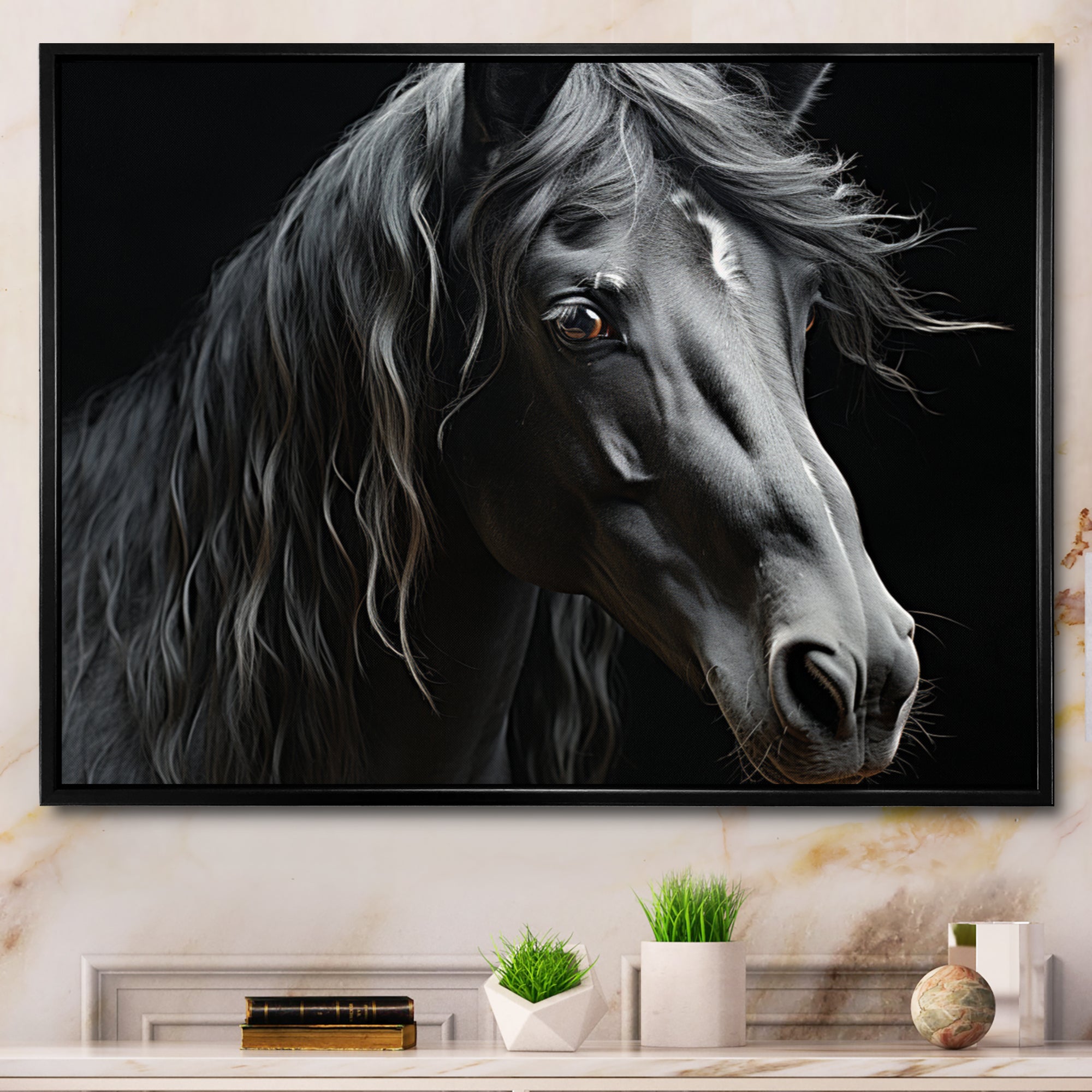 Black White Horse Portrait - Horse Canvas Wall Art