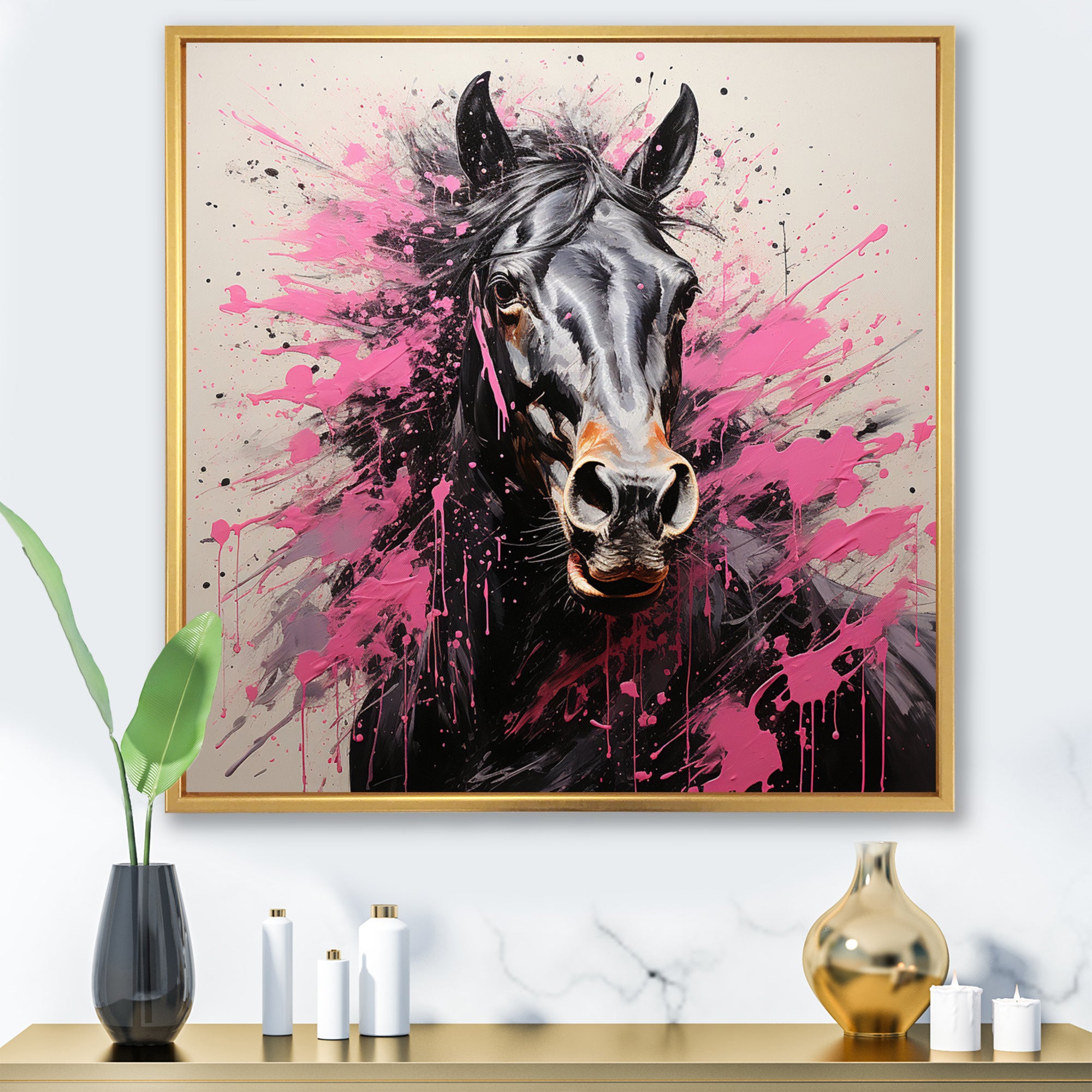 Black Pink Horse Vibrant Equine Pointillism - Horse Wall Decor