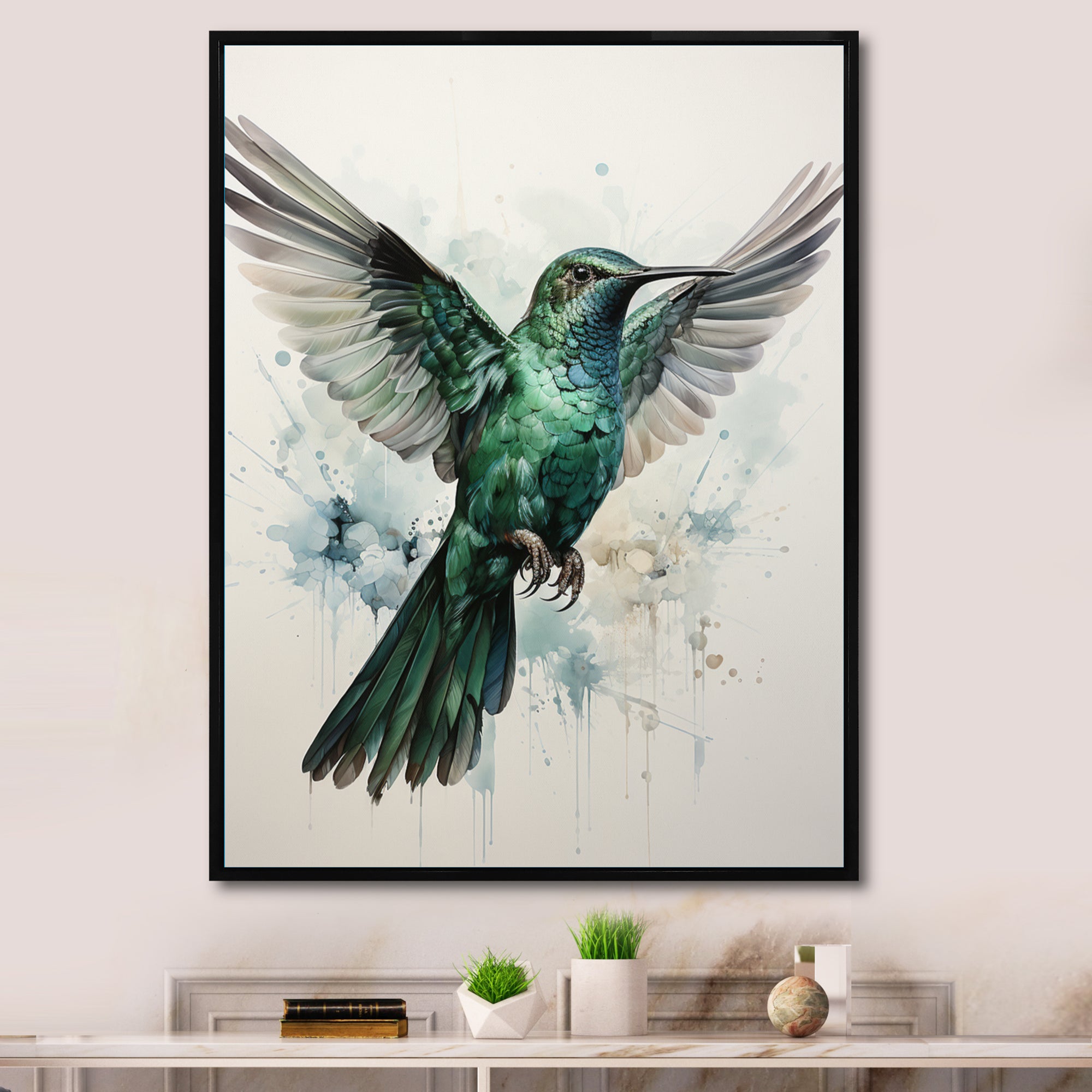 Teal Grey Hummingbird Enchanting Hum - Hummingbird Living Room Wall Art