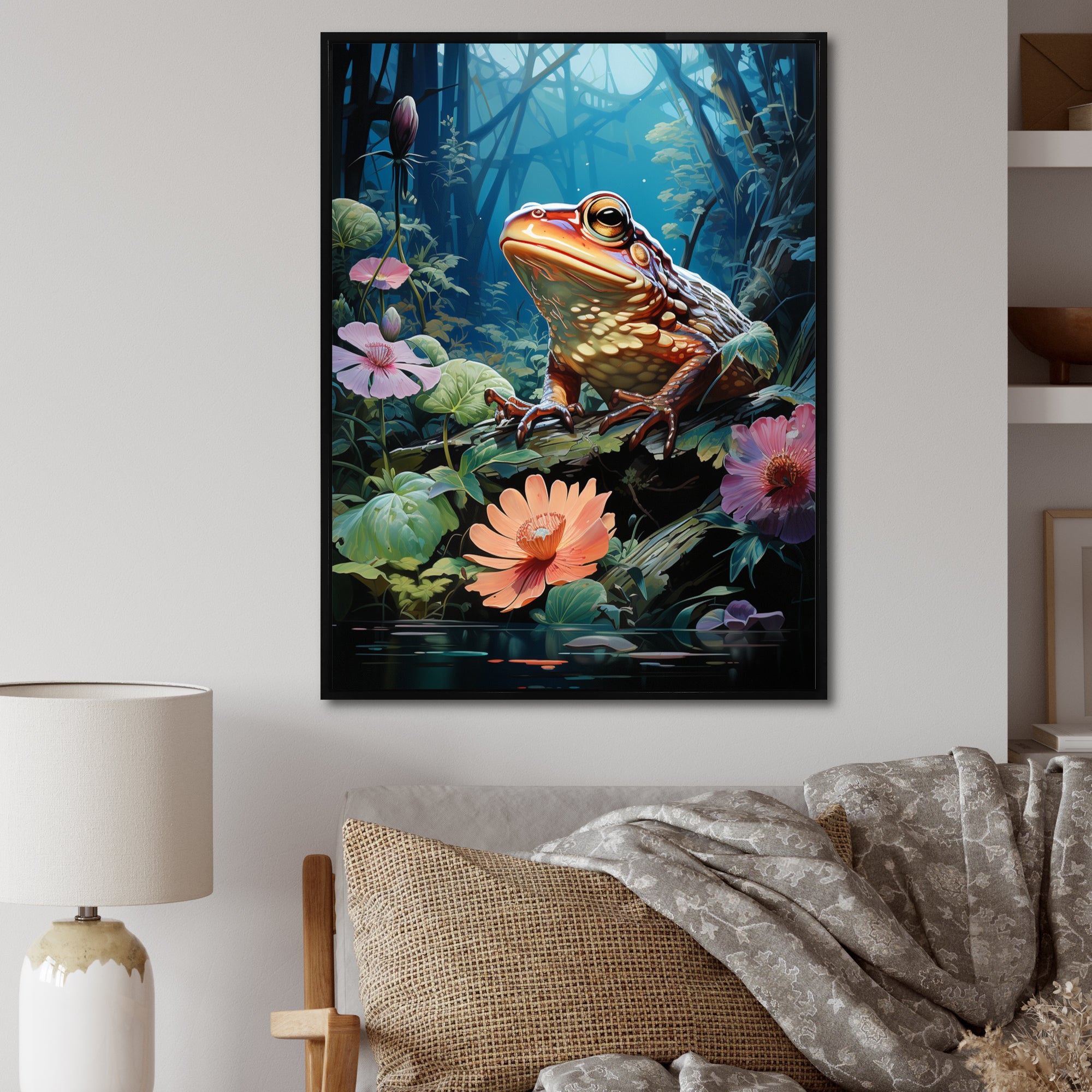Japan Art Frog at Lotus Pond Reflection - Frog Wall Decor