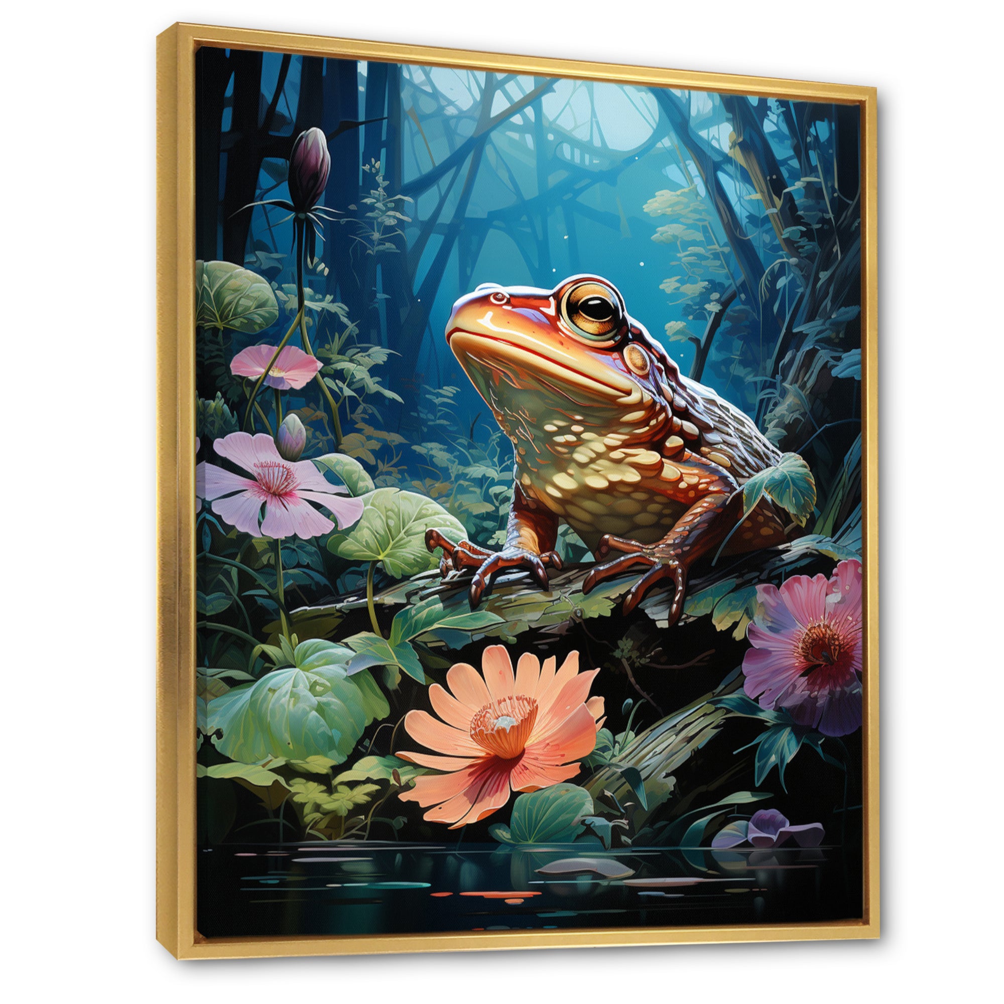 Japan Art Frog at Lotus Pond Reflection - Frog Wall Decor