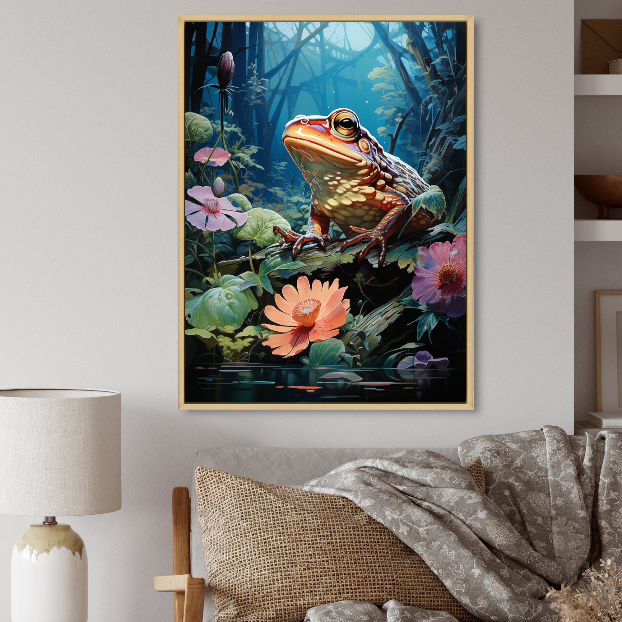Japan Art Frog at Lotus Pond Reflection - Frog Wall Decor