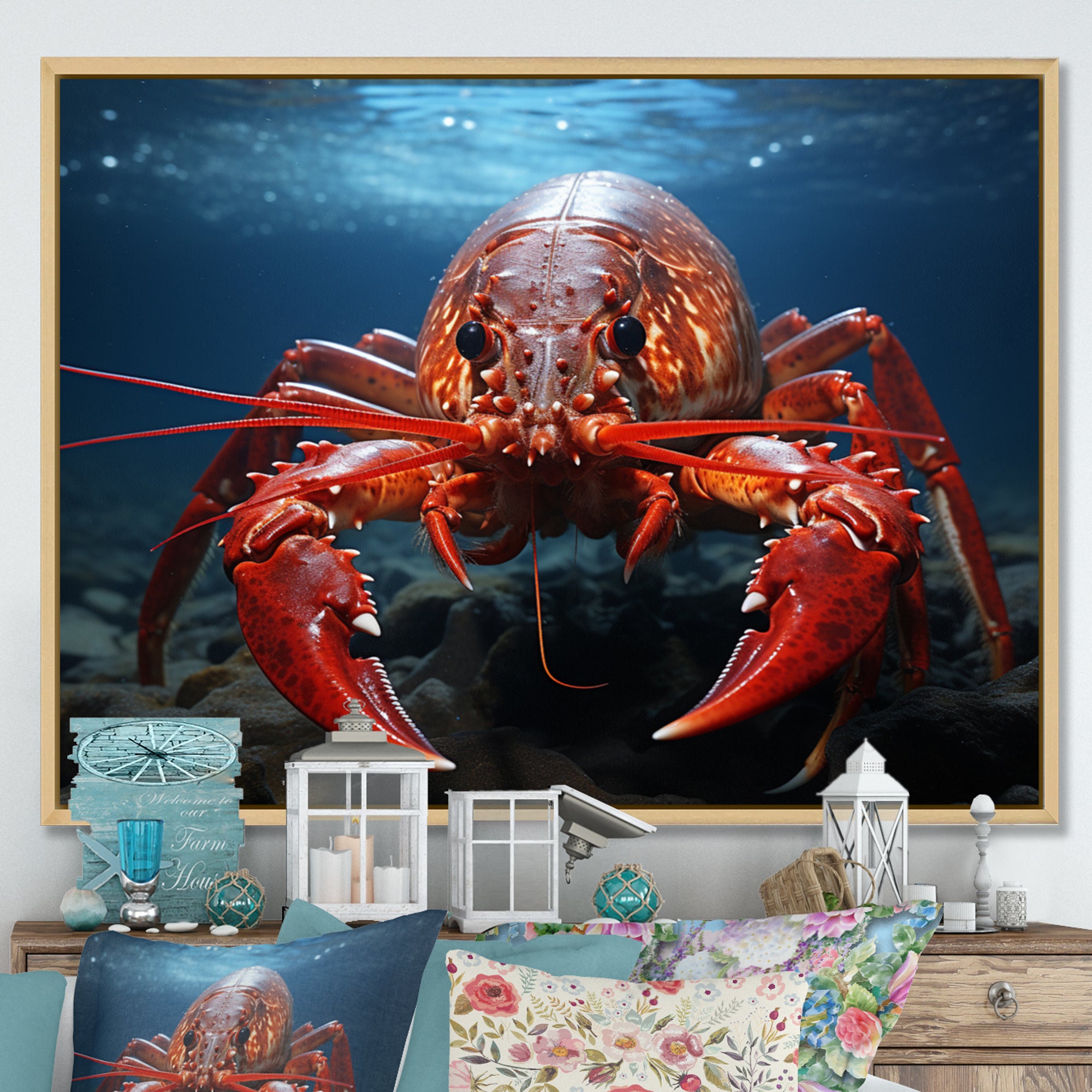 Coral Teal Lobster Grace - Coral Lobster Wall Art