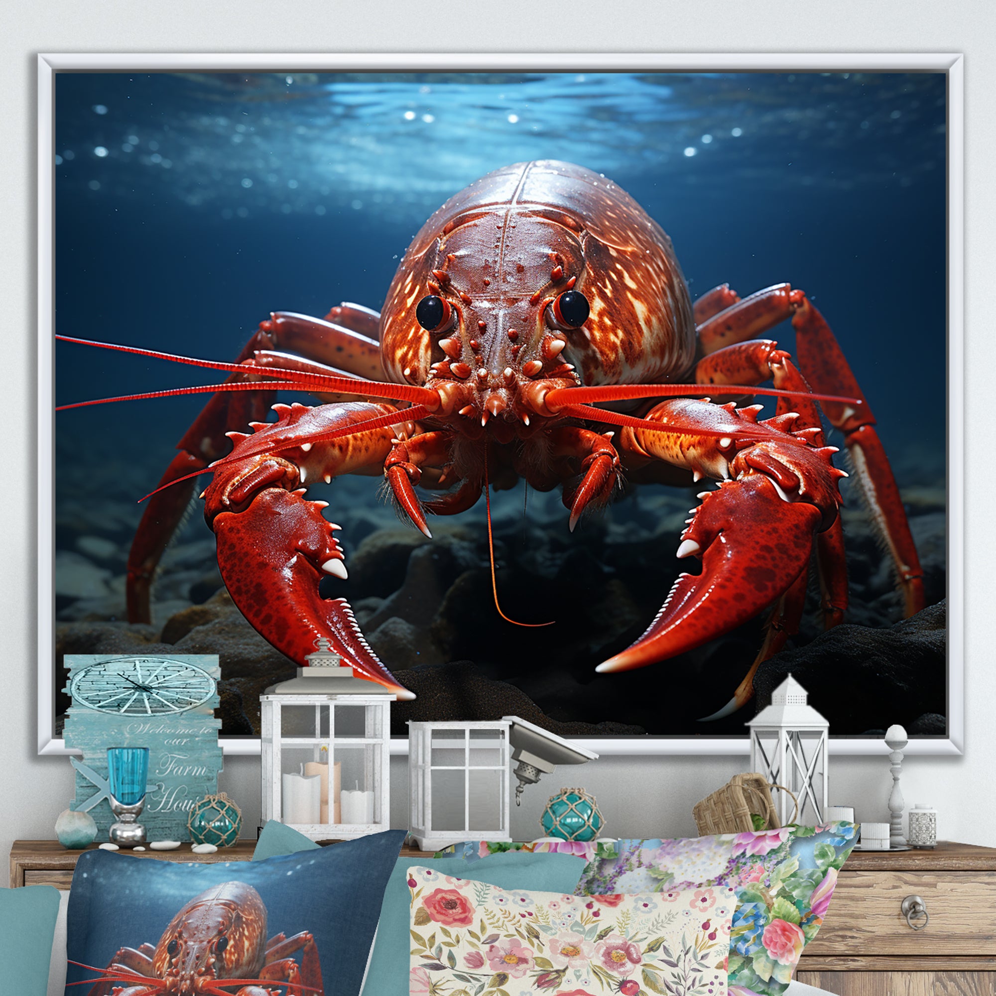 Coral Teal Lobster Grace - Coral Lobster Wall Art
