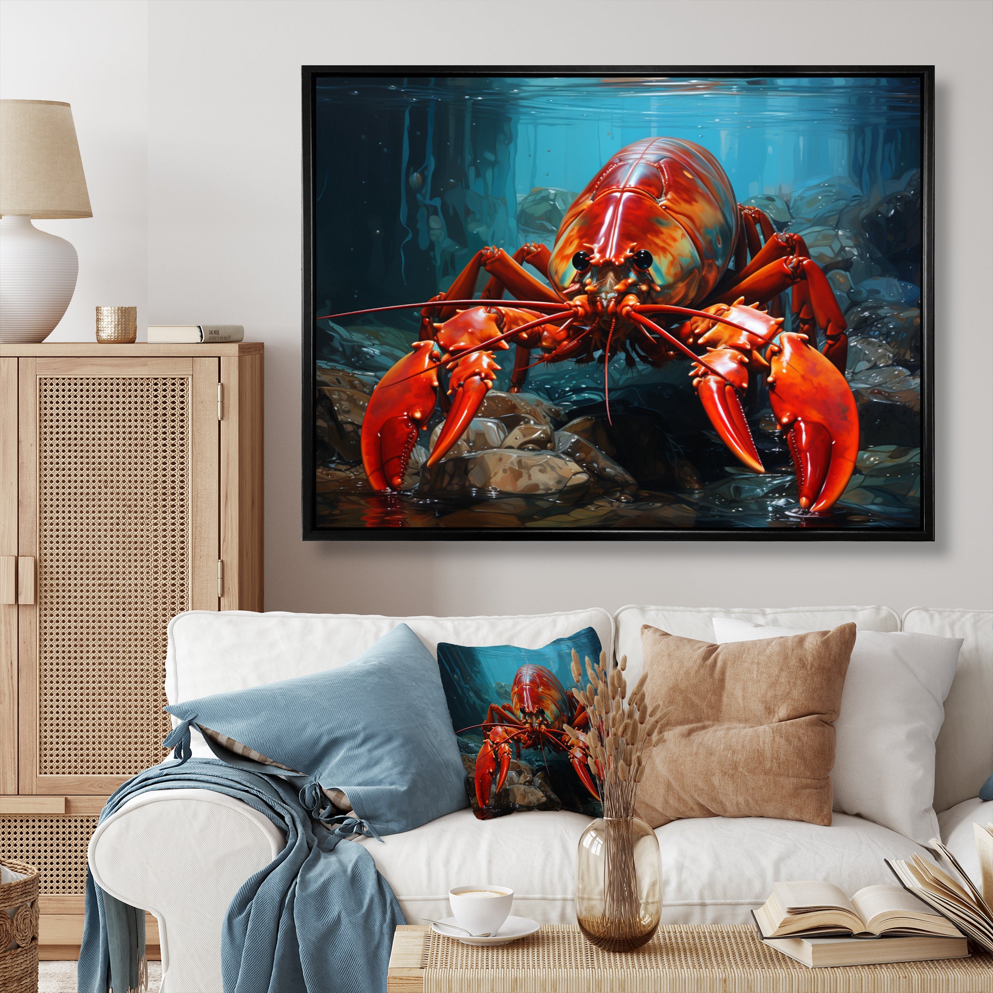 Red Lobster Under Warter - Lobster Framed Canvas Art