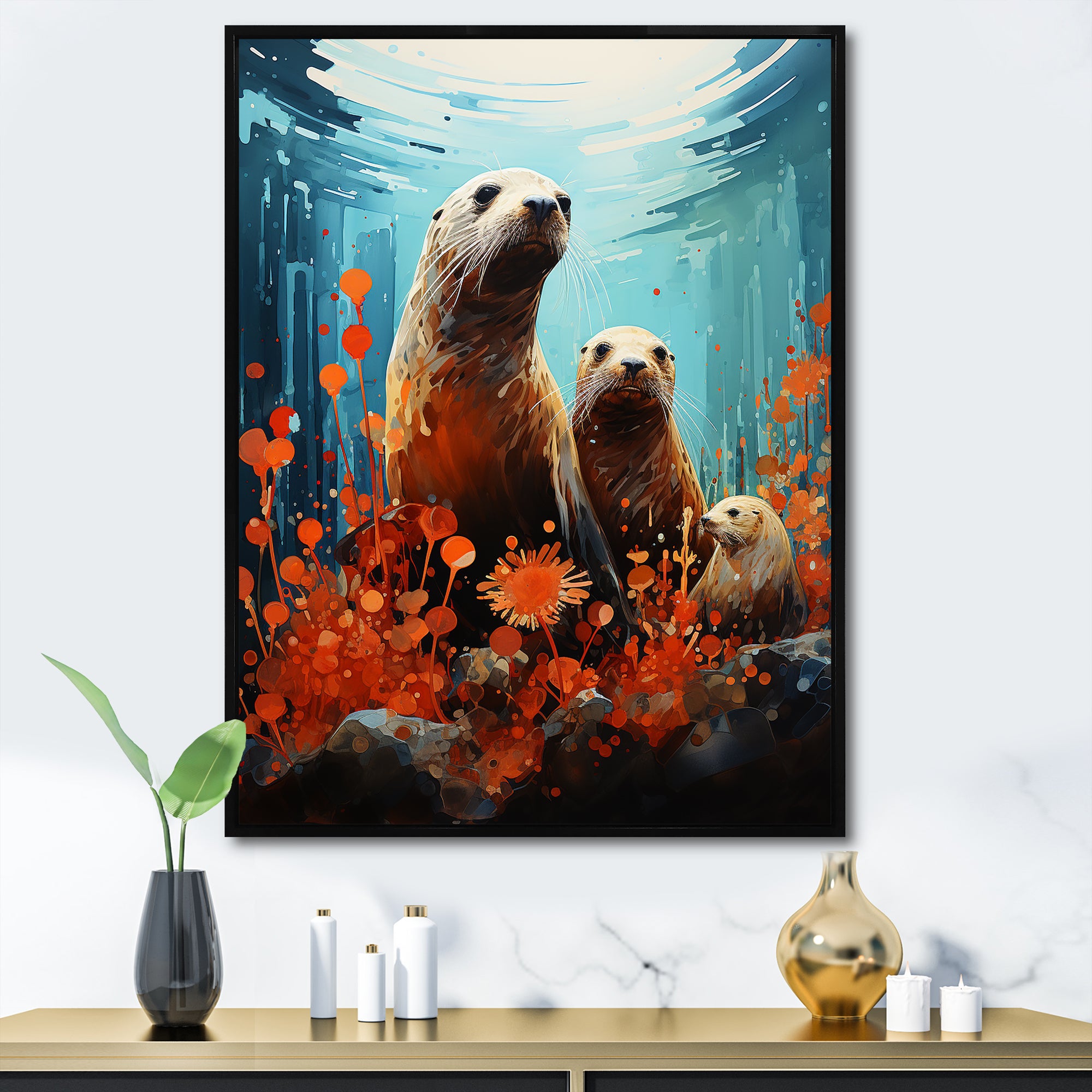 Teal Orange Marine Animals Curious Sea - Marine Animals Canvas Wall Art