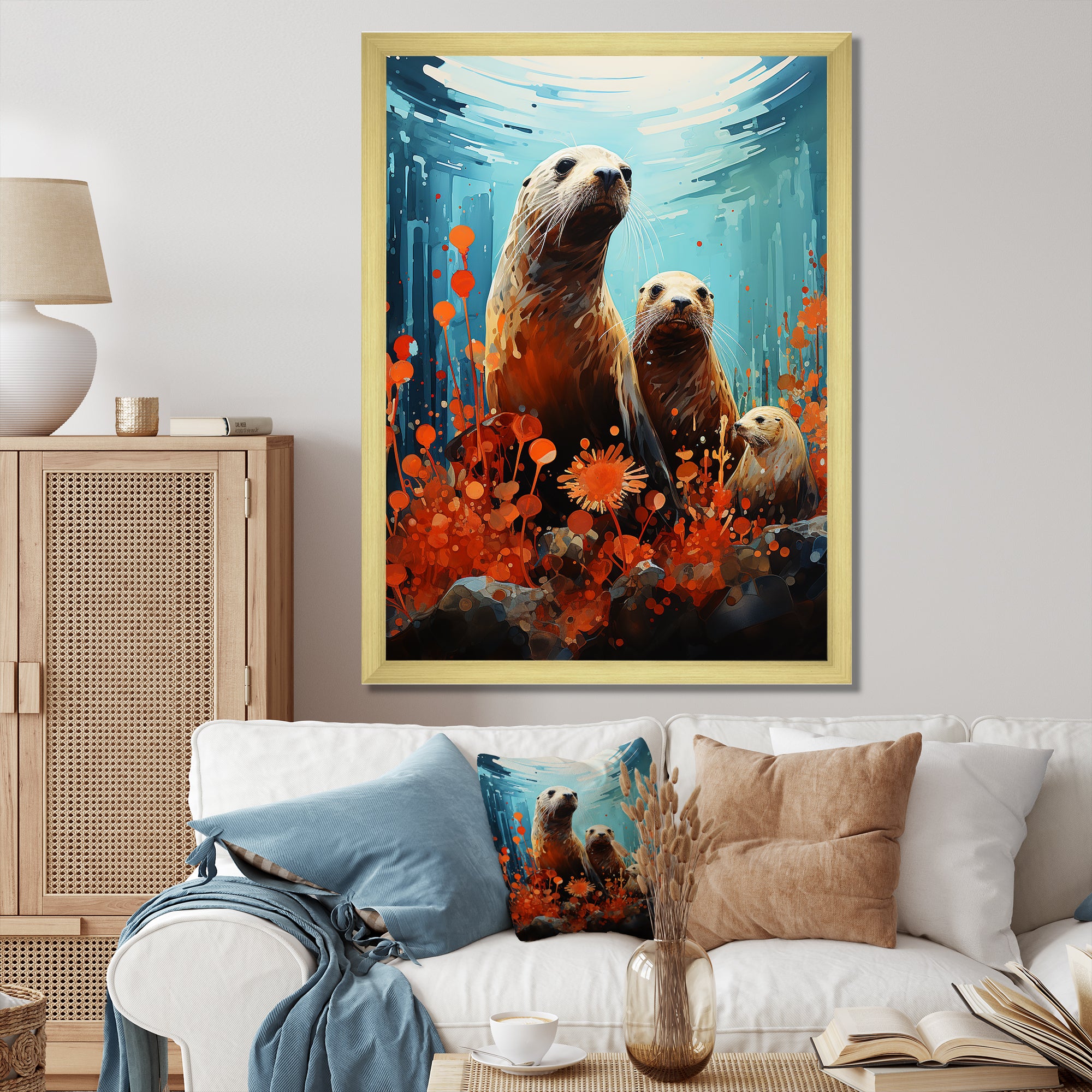 Teal Orange Marine Animals Curious Sea - Marine Animals Canvas Wall Art