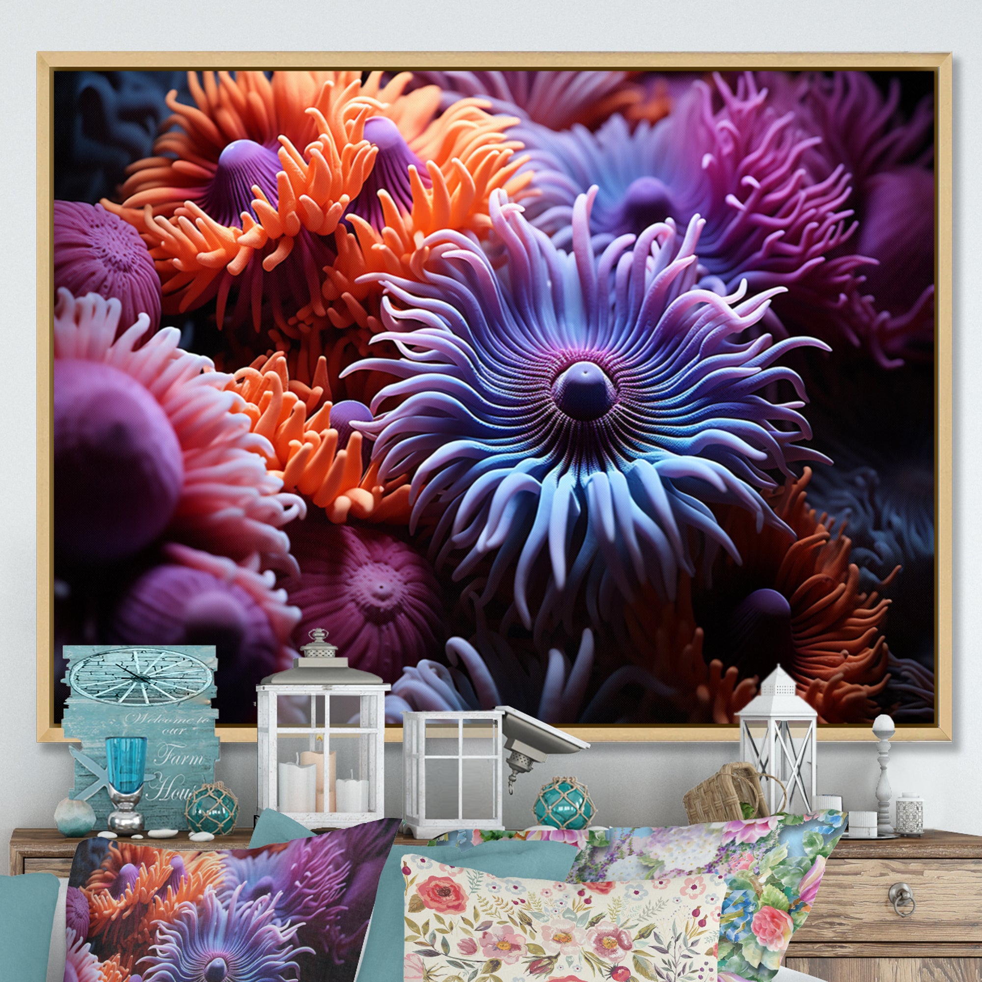 Purple Coral Marine Animals Harmony - Marine Animals Framed Canvas Art