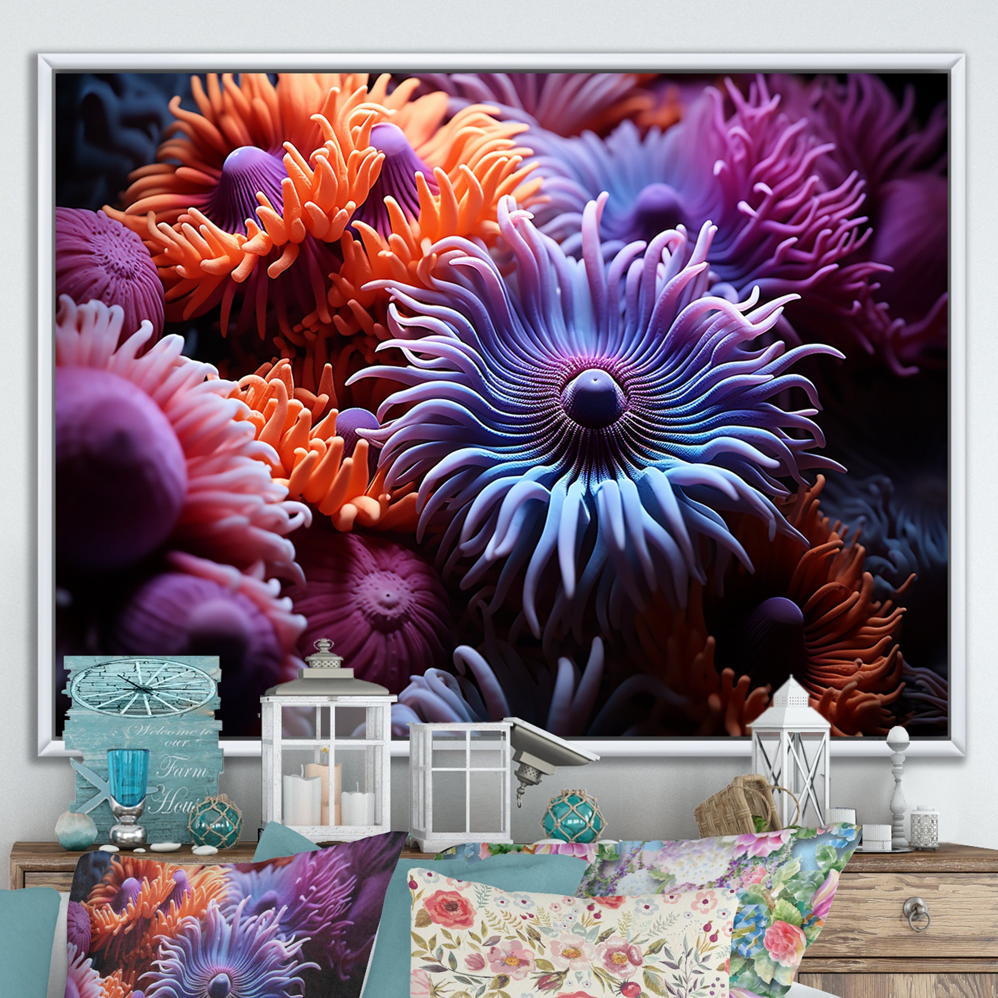 Purple Coral Marine Animals Harmony - Marine Animals Framed Canvas Art