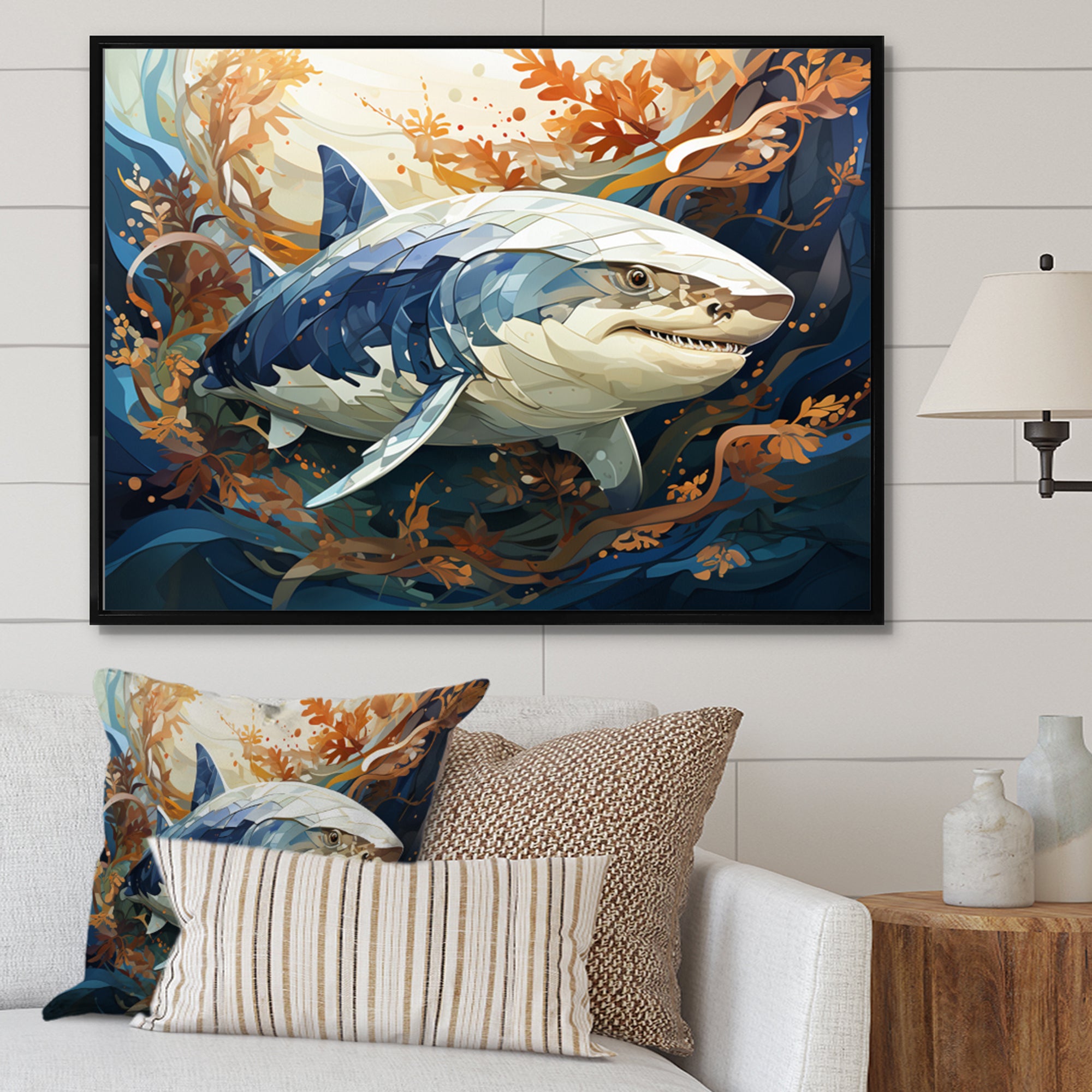 Grey Orange Shark Harmony - Marine Animals Wall Art Prints