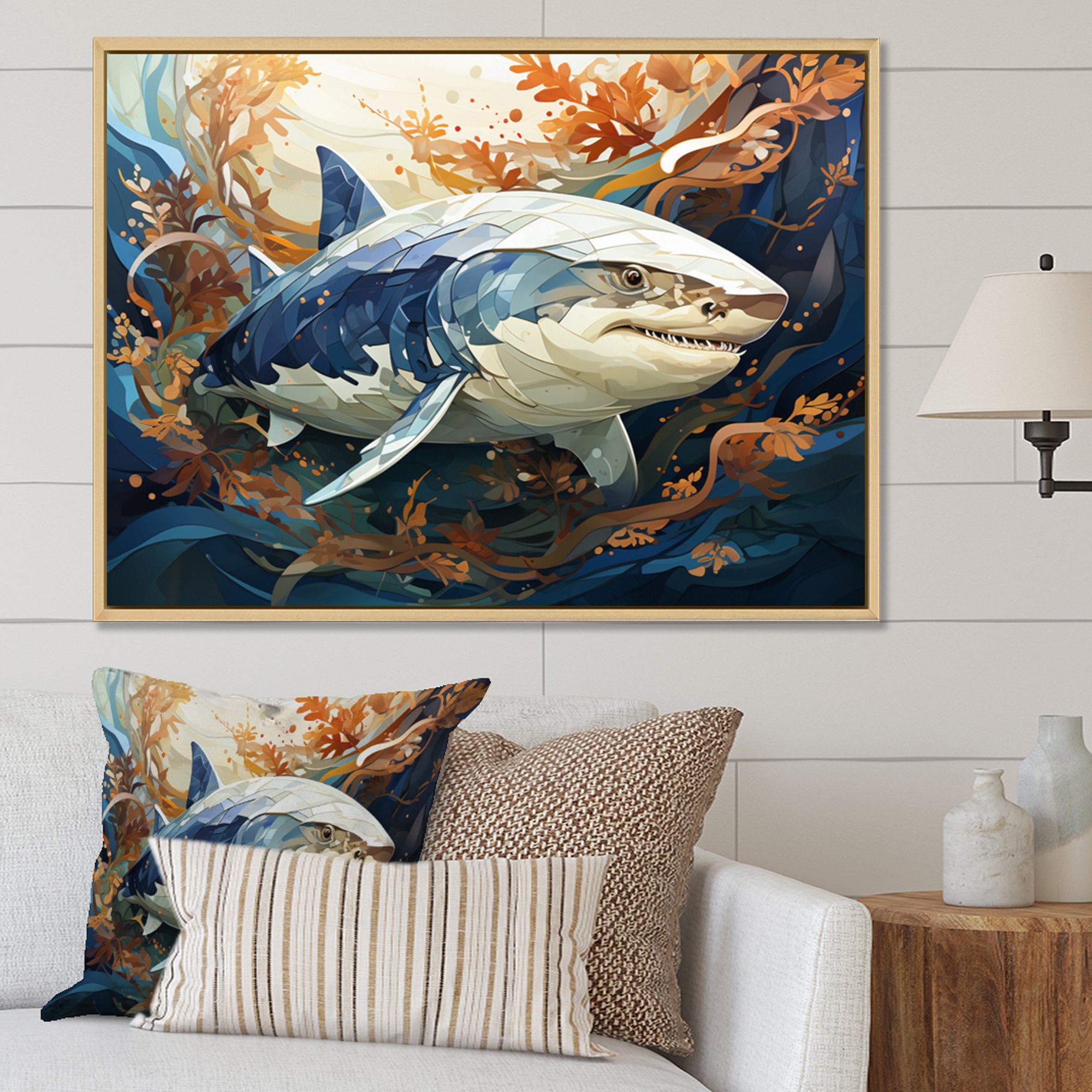 Grey Orange Shark Harmony - Marine Animals Wall Art Prints