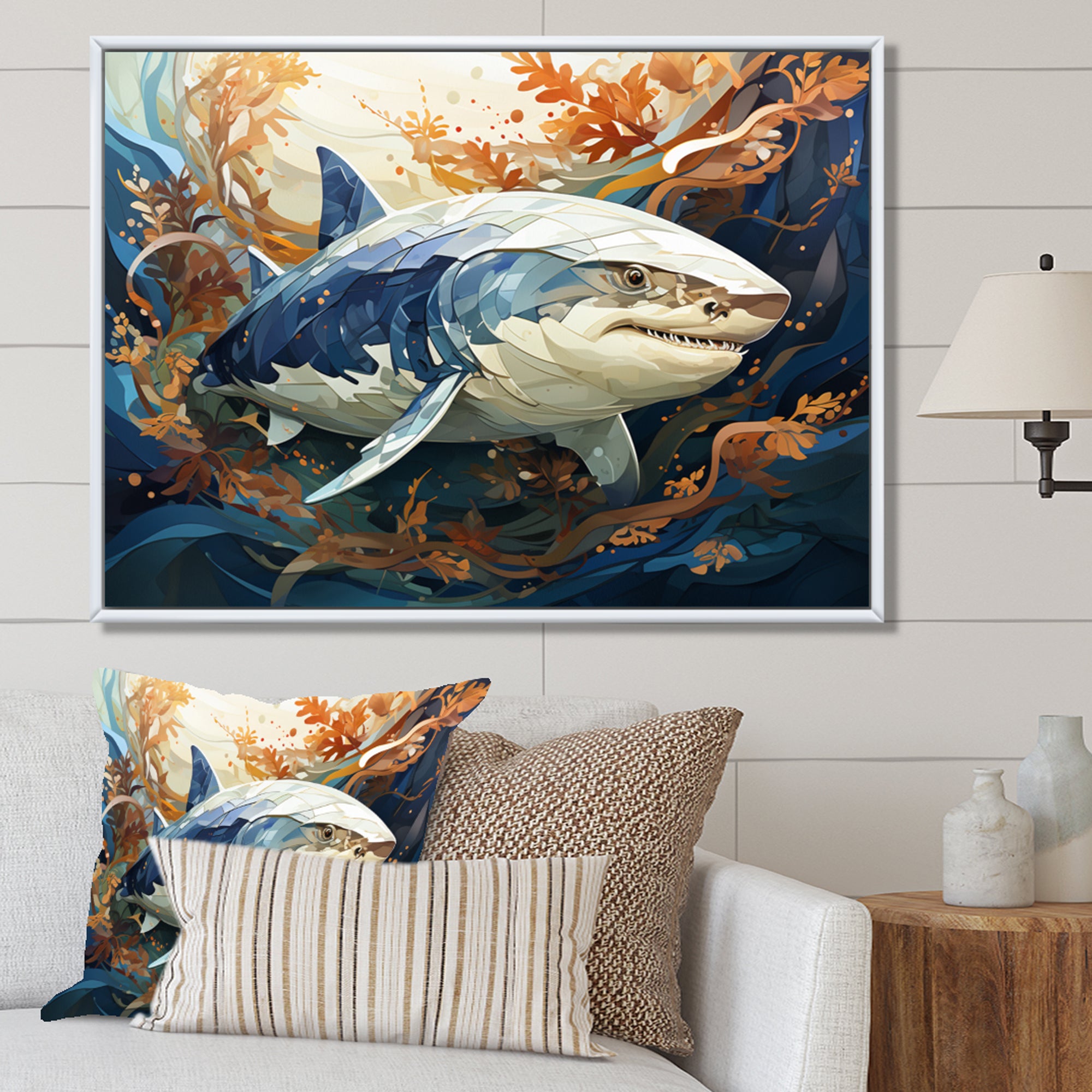 Grey Orange Shark Harmony - Marine Animals Wall Art Prints