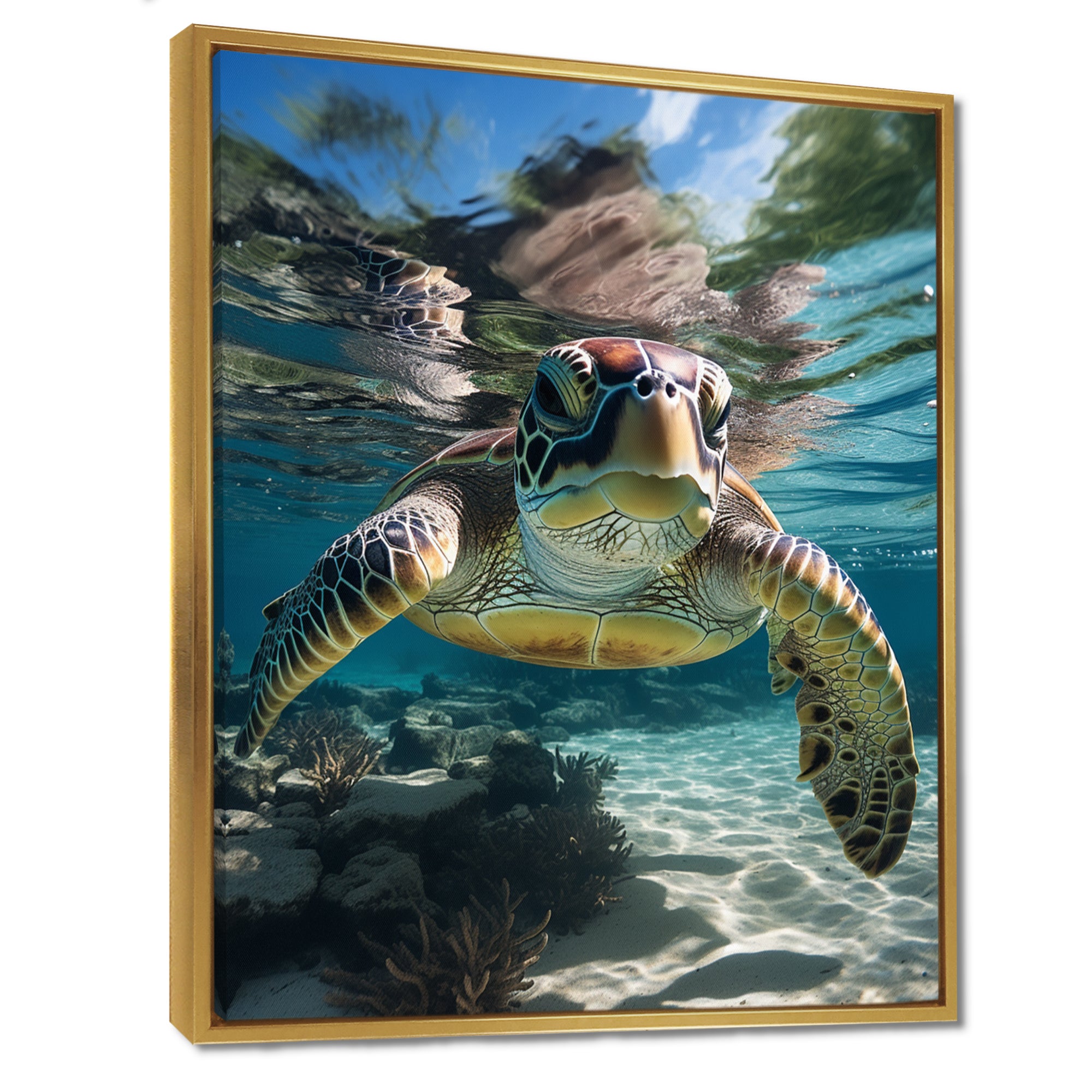 Green Teal Turtle Portrait Stunning - Green Marine Animals Wall Art