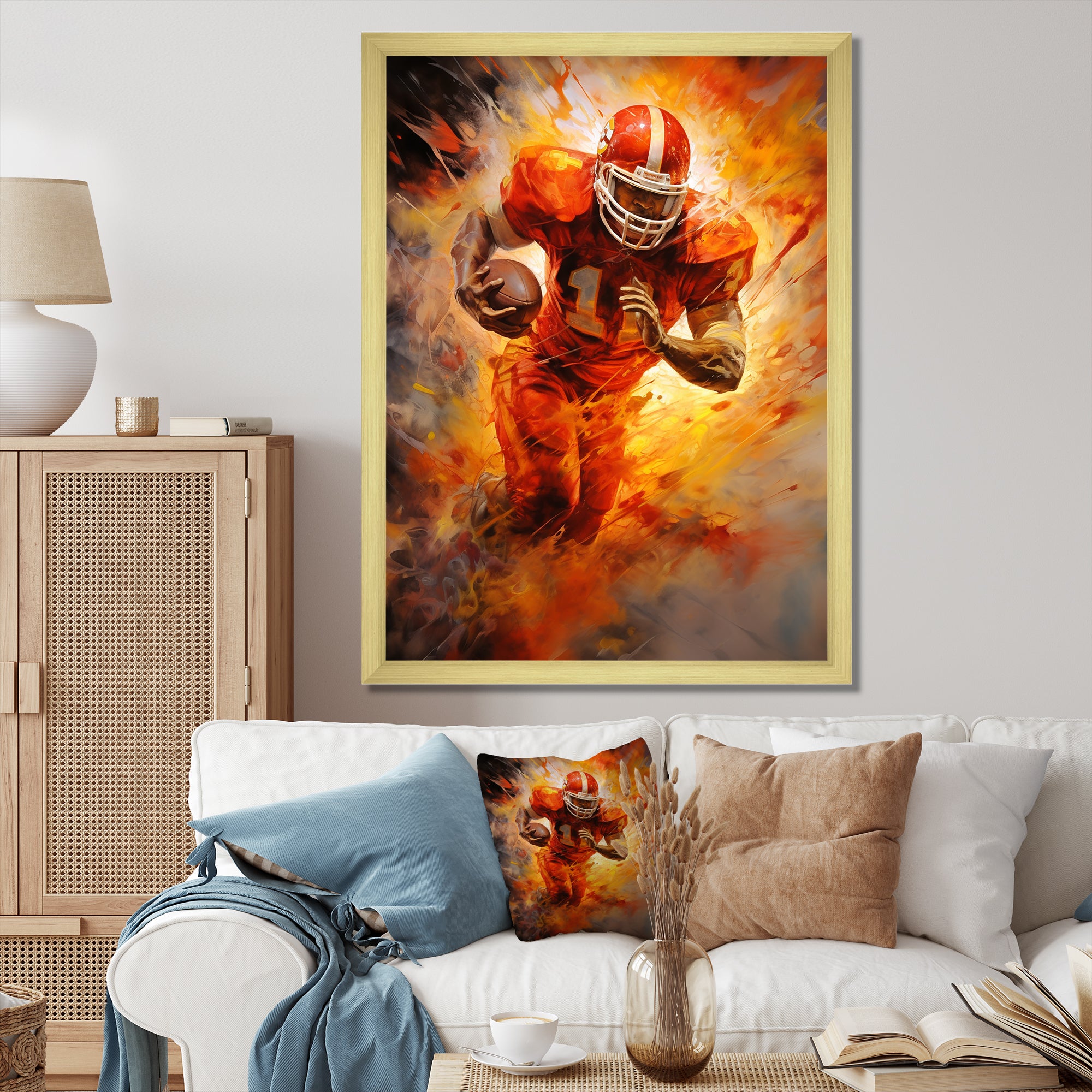Orange Football Energy Burst I - Football Canvas Wall Art