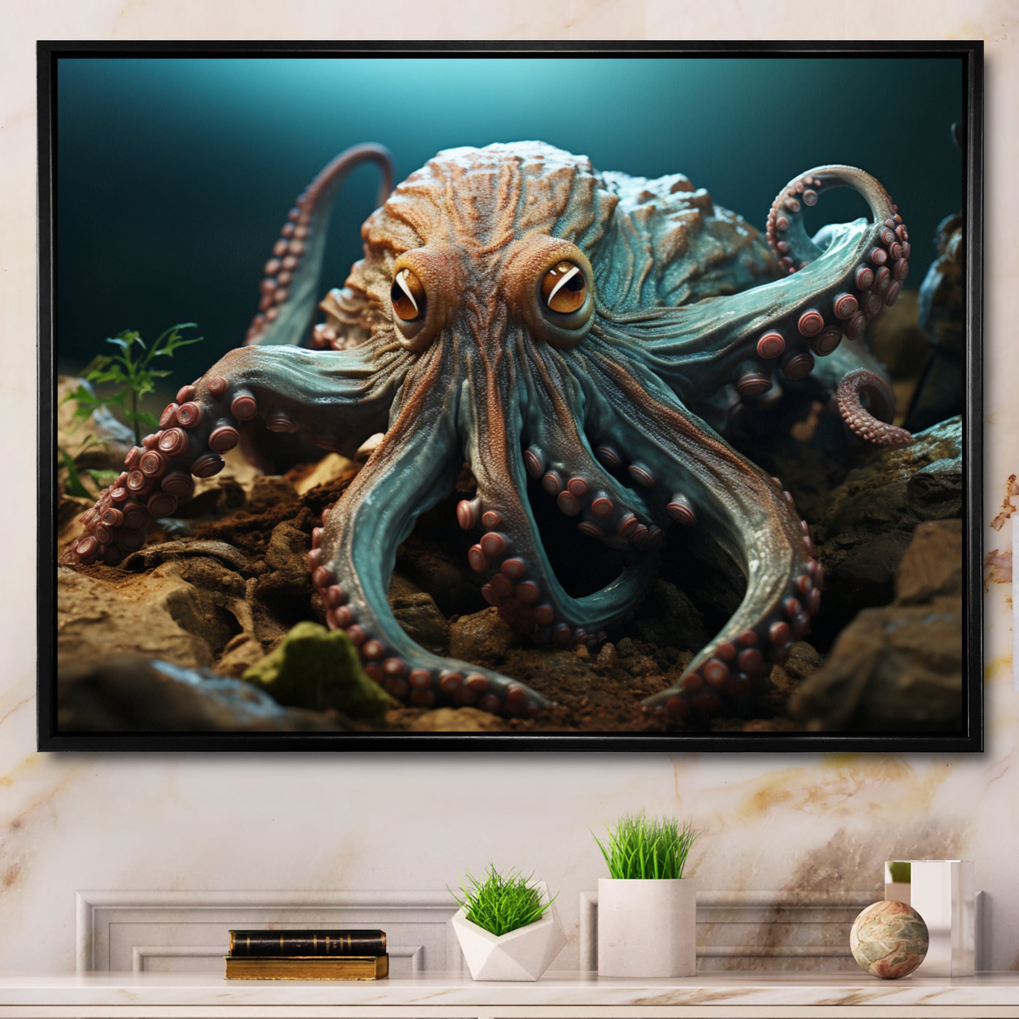 Teal Octopus Lunar Reflections - Octopus Framed Canvas Art