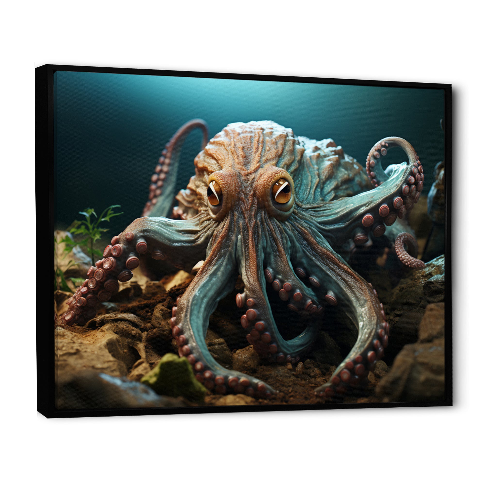 Teal Octopus Lunar Reflections - Octopus Framed Canvas Art