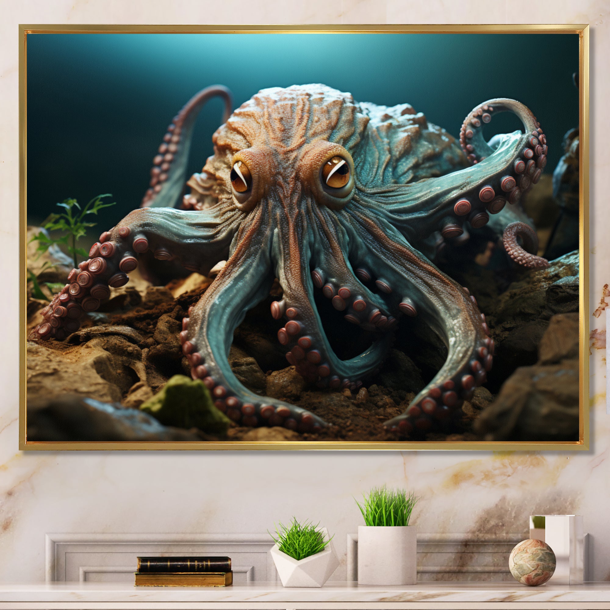 Teal Octopus Lunar Reflections - Octopus Framed Canvas Art