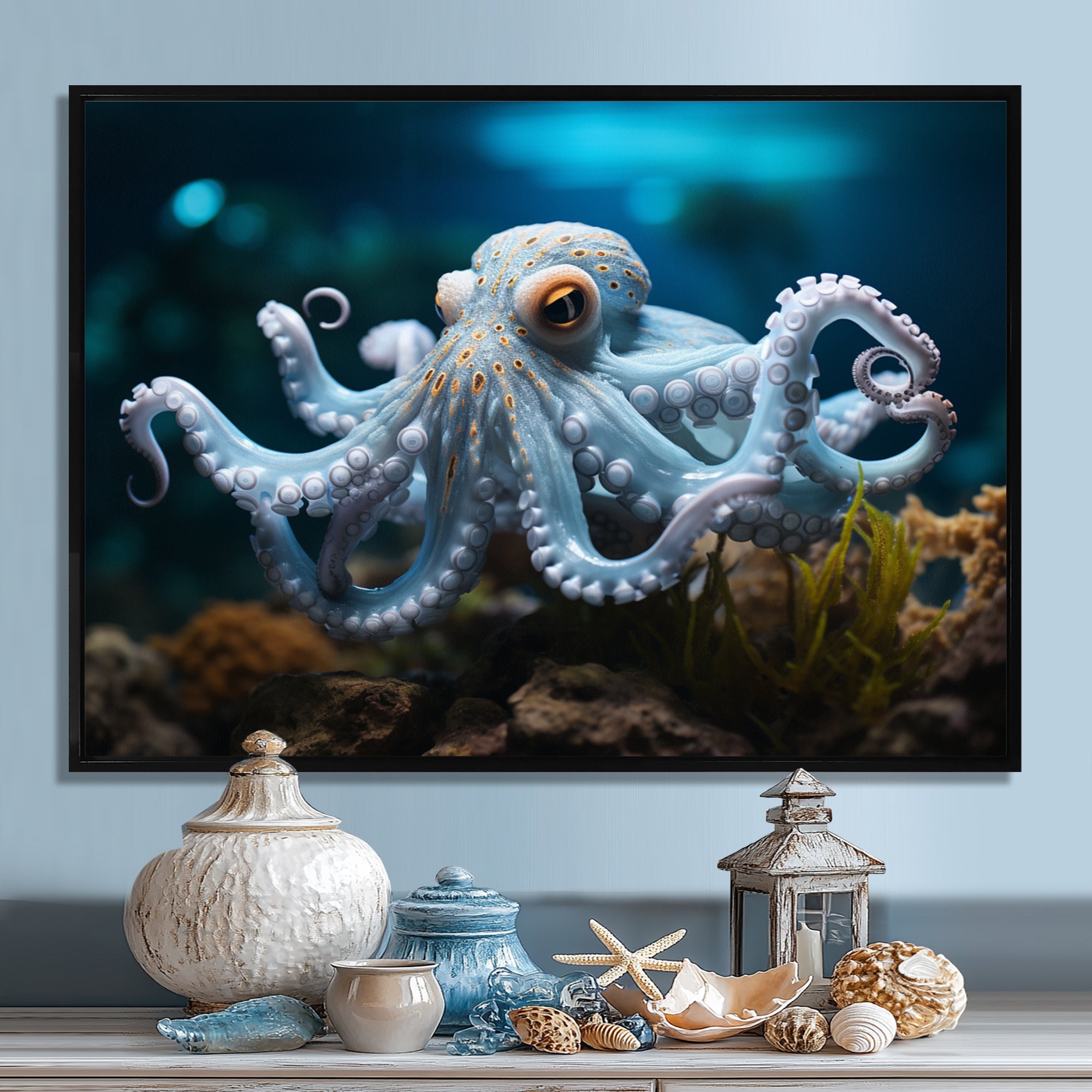 Blue Octopus Serene Submersion - Octopus Large Canvas Wall Art