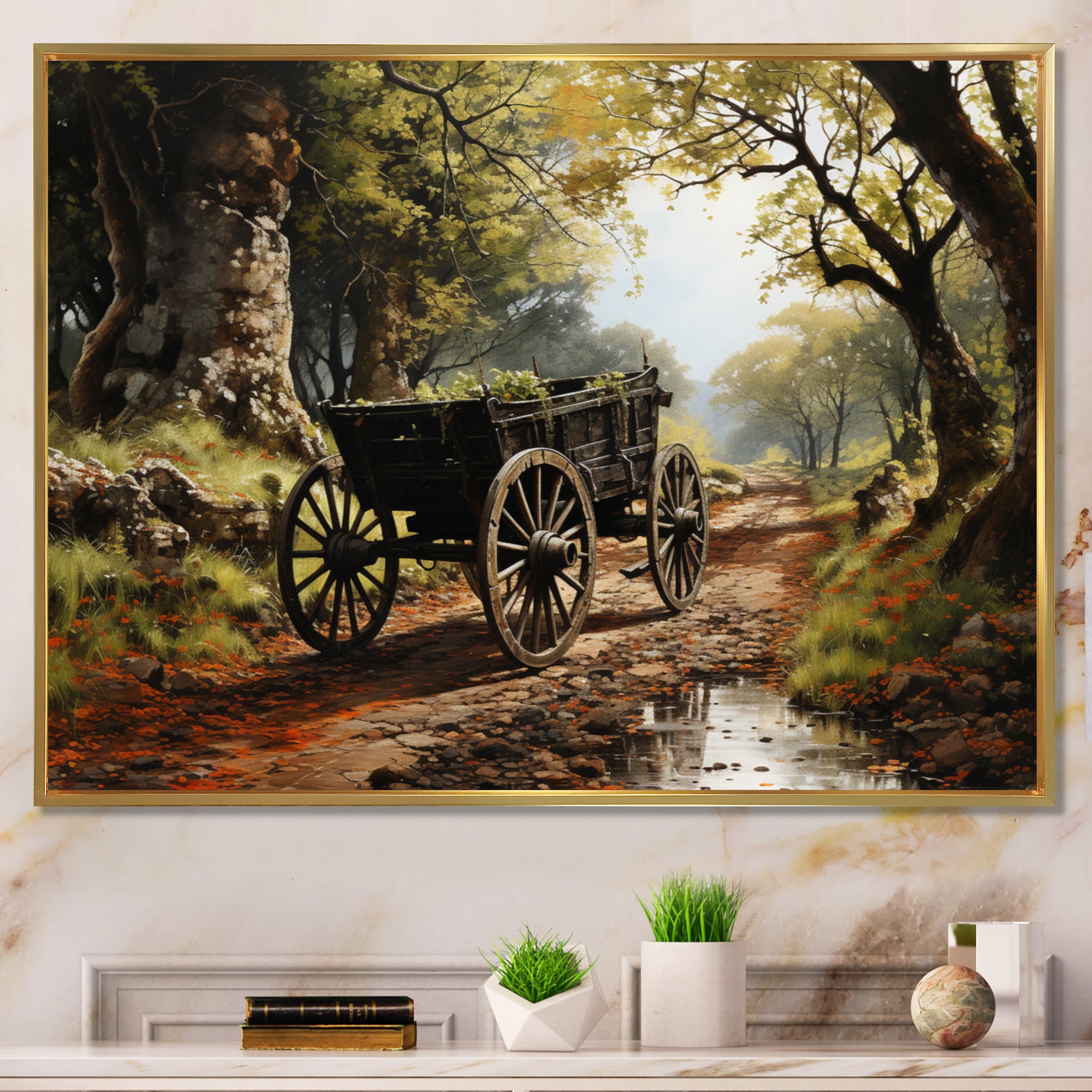 Brown Old Cart  Path - Old American Cart Canvas Wall Art