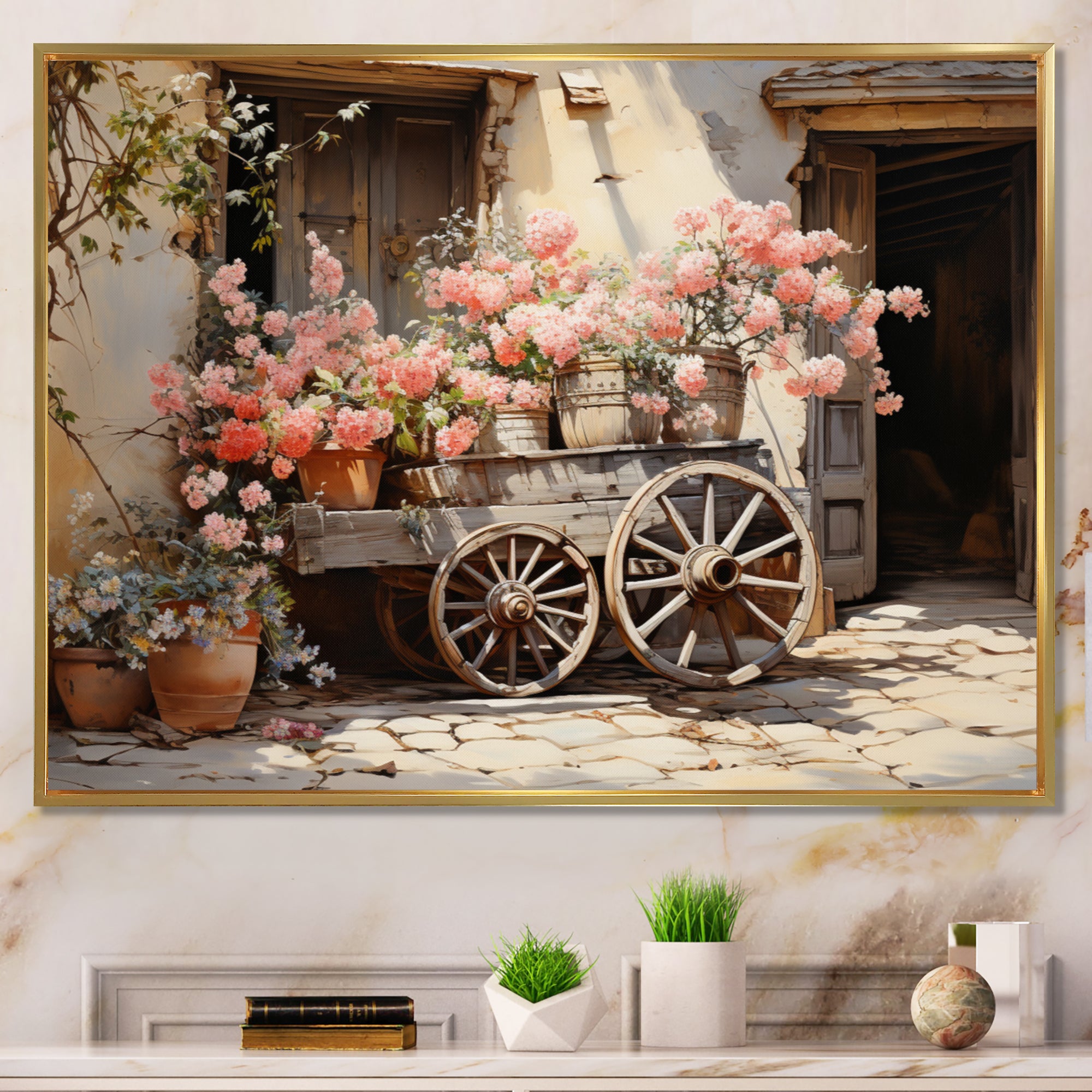 Pink Old Cart Wheels - Old American Cart Canvas Wall Art