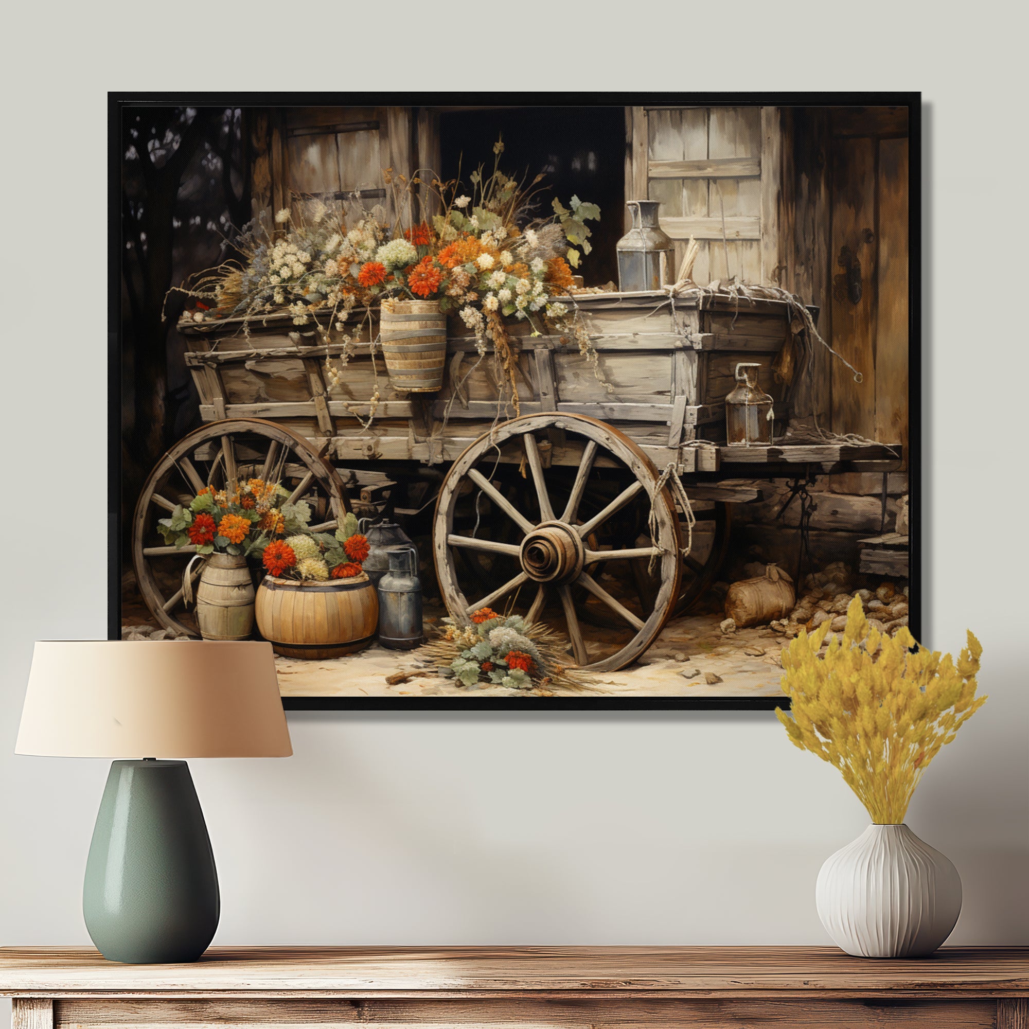 Grey Old Cart Of Flowers I - Old American Cart Canvas Wall Art