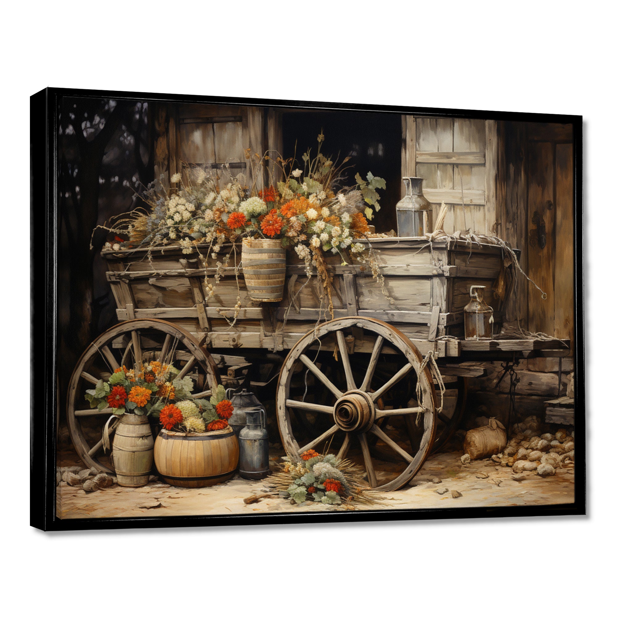 Grey Old Cart Of Flowers I - Old American Cart Canvas Wall Art