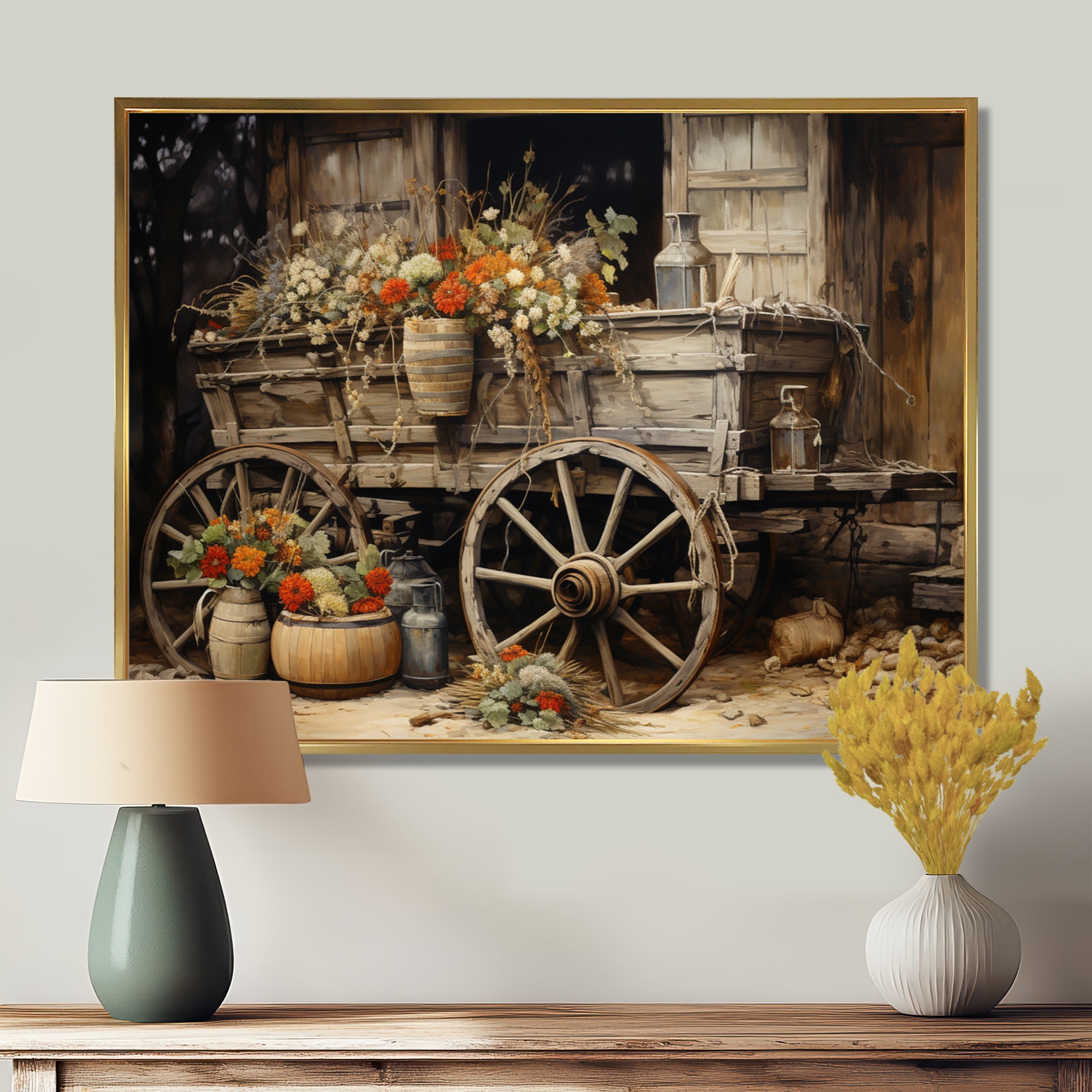 Grey Old Cart Of Flowers I - Old American Cart Canvas Wall Art