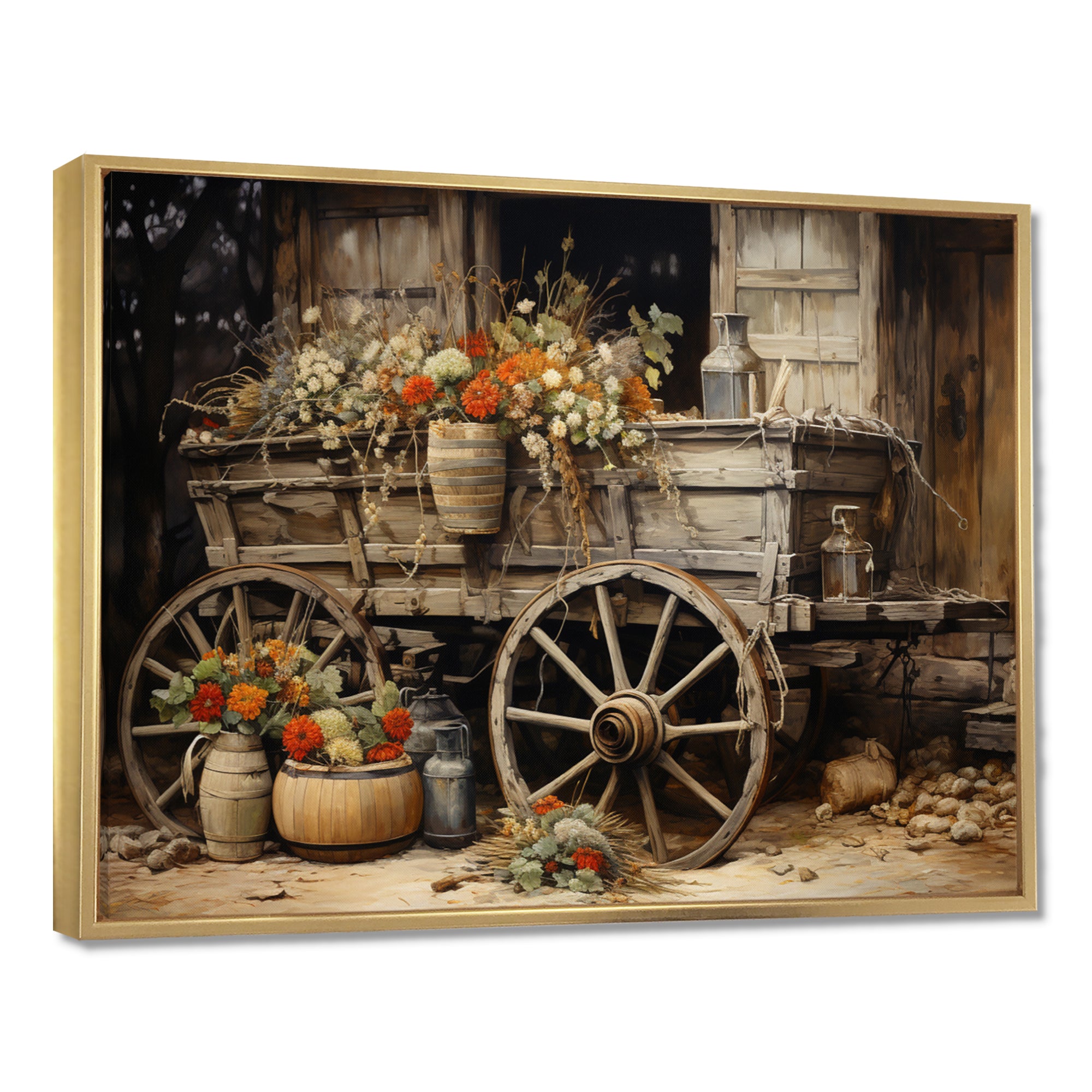 Grey Old Cart Of Flowers I - Old American Cart Canvas Wall Art