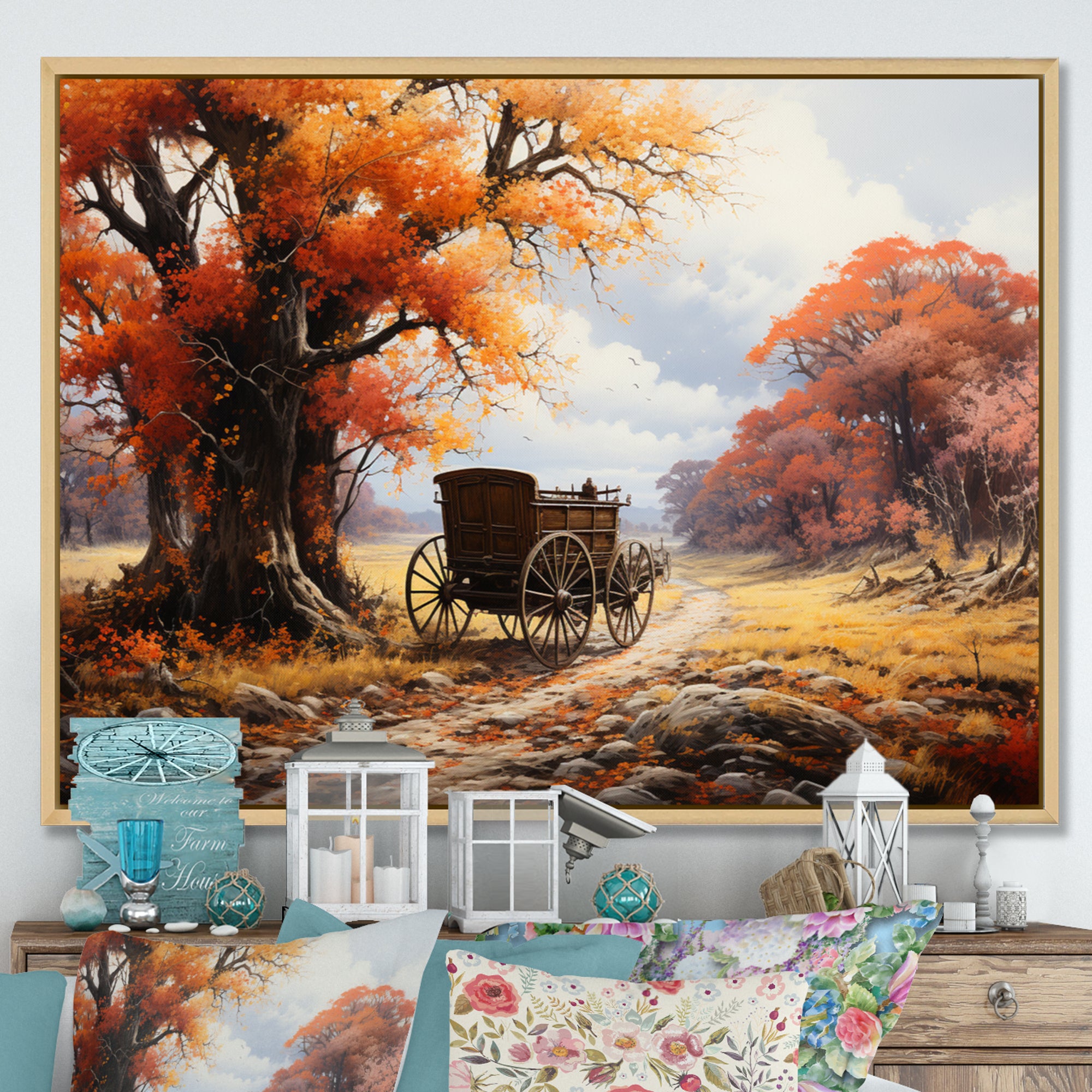Orange Old Cart Seasons I - Old American Cart Canvas Wall Art