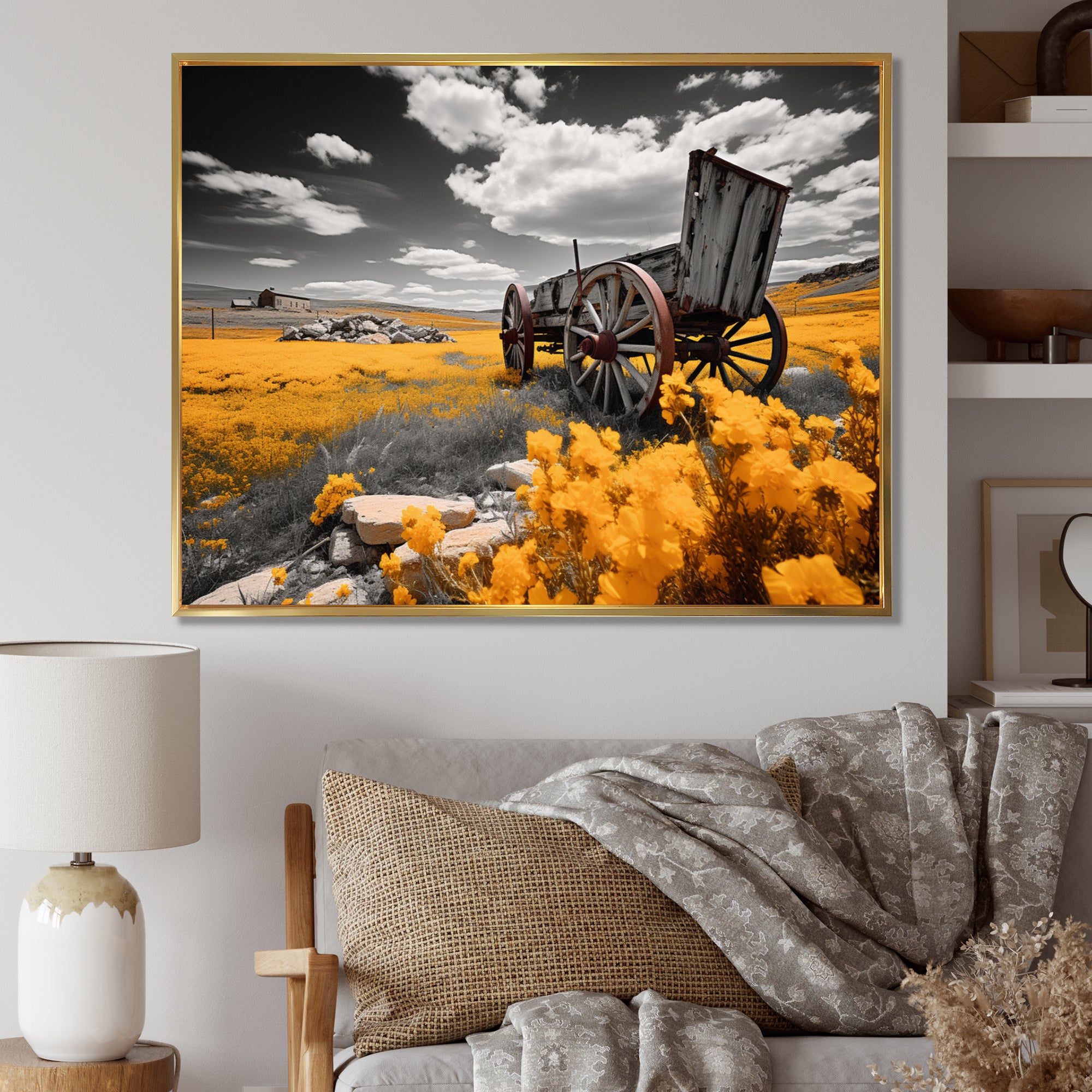Yellow Old Cart Roadside Relic I - Old American Cart Canvas Wall Art