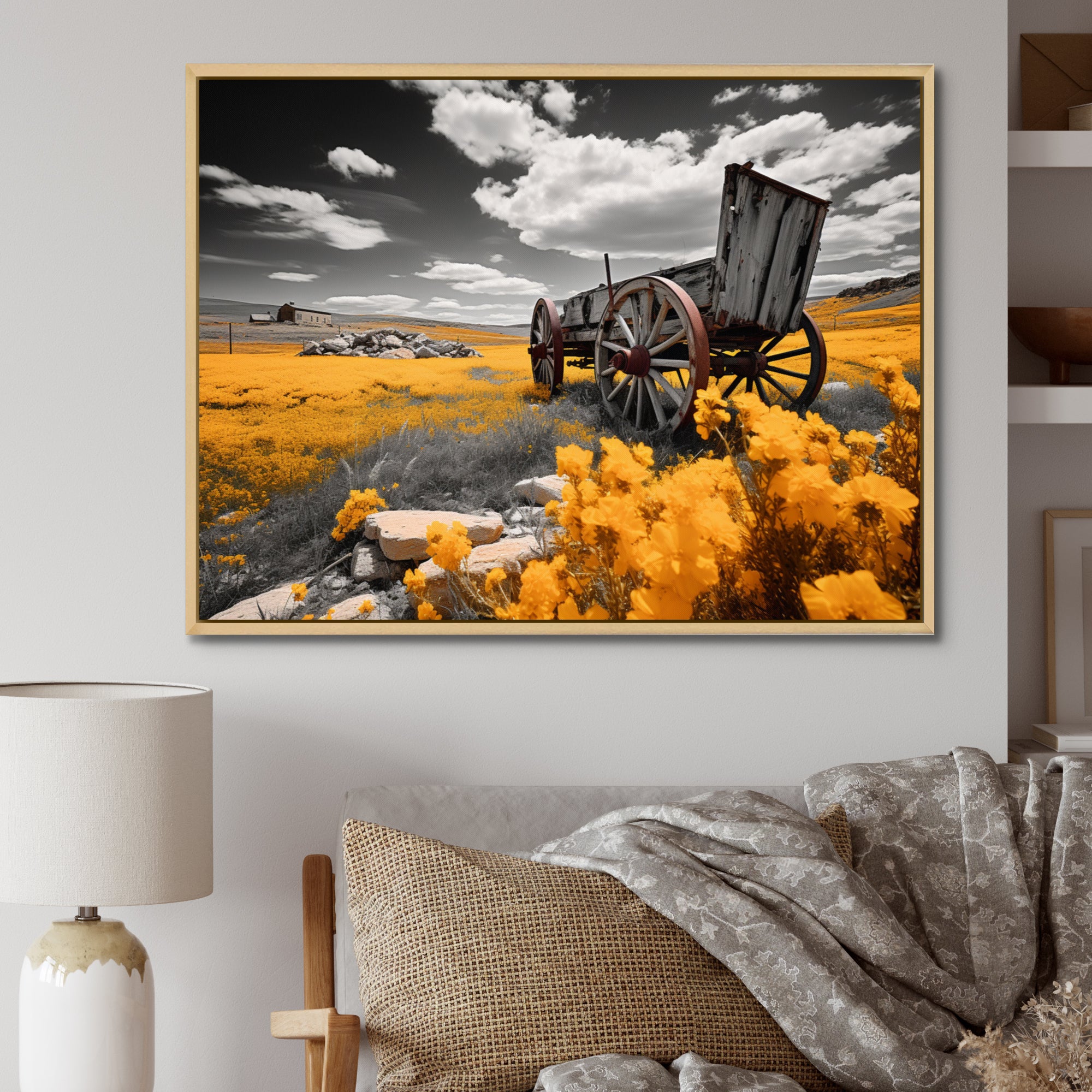 Yellow Old Cart Roadside Relic I - Old American Cart Canvas Wall Art