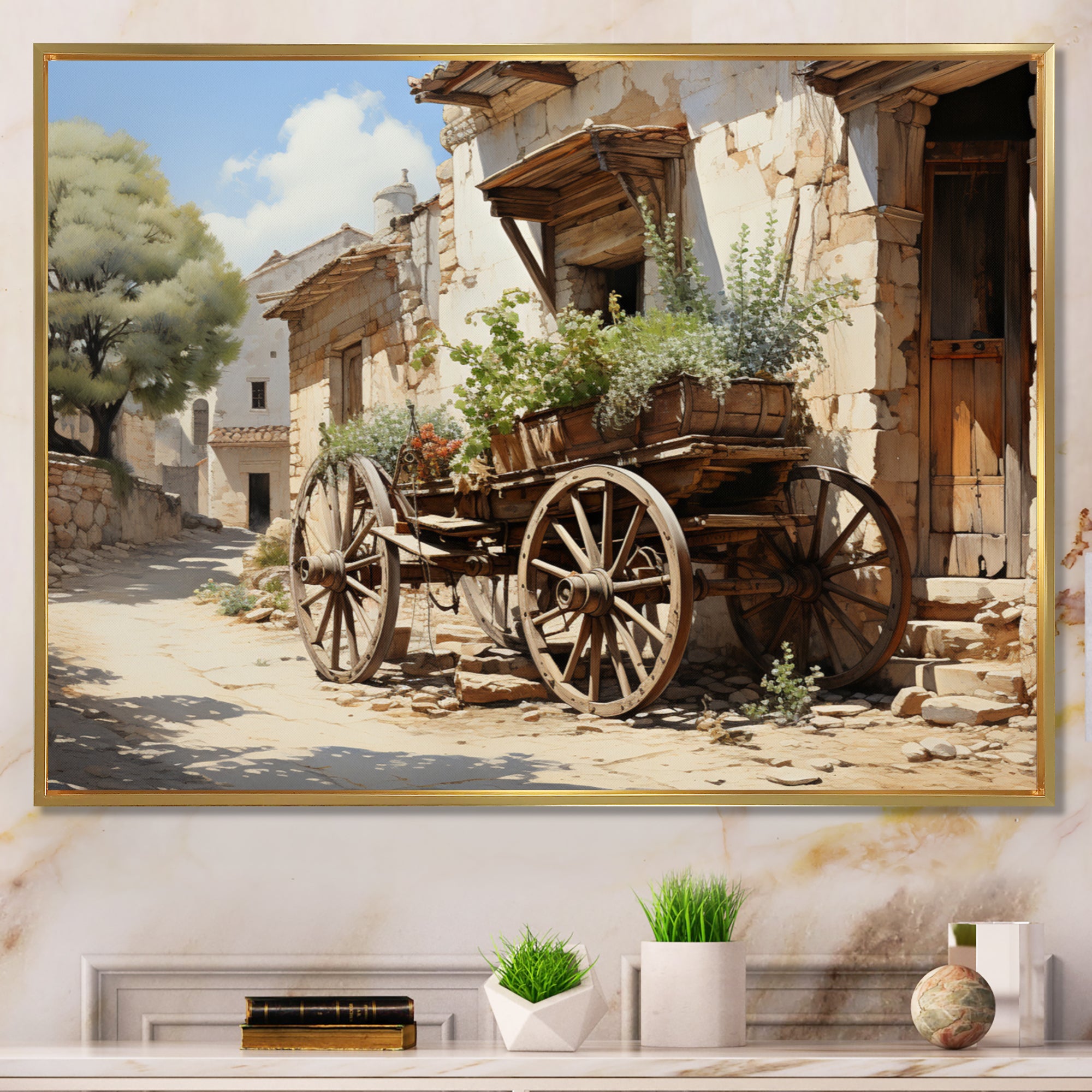 Brown Old Cart Wheels Of - Old American Cart Canvas Wall Art