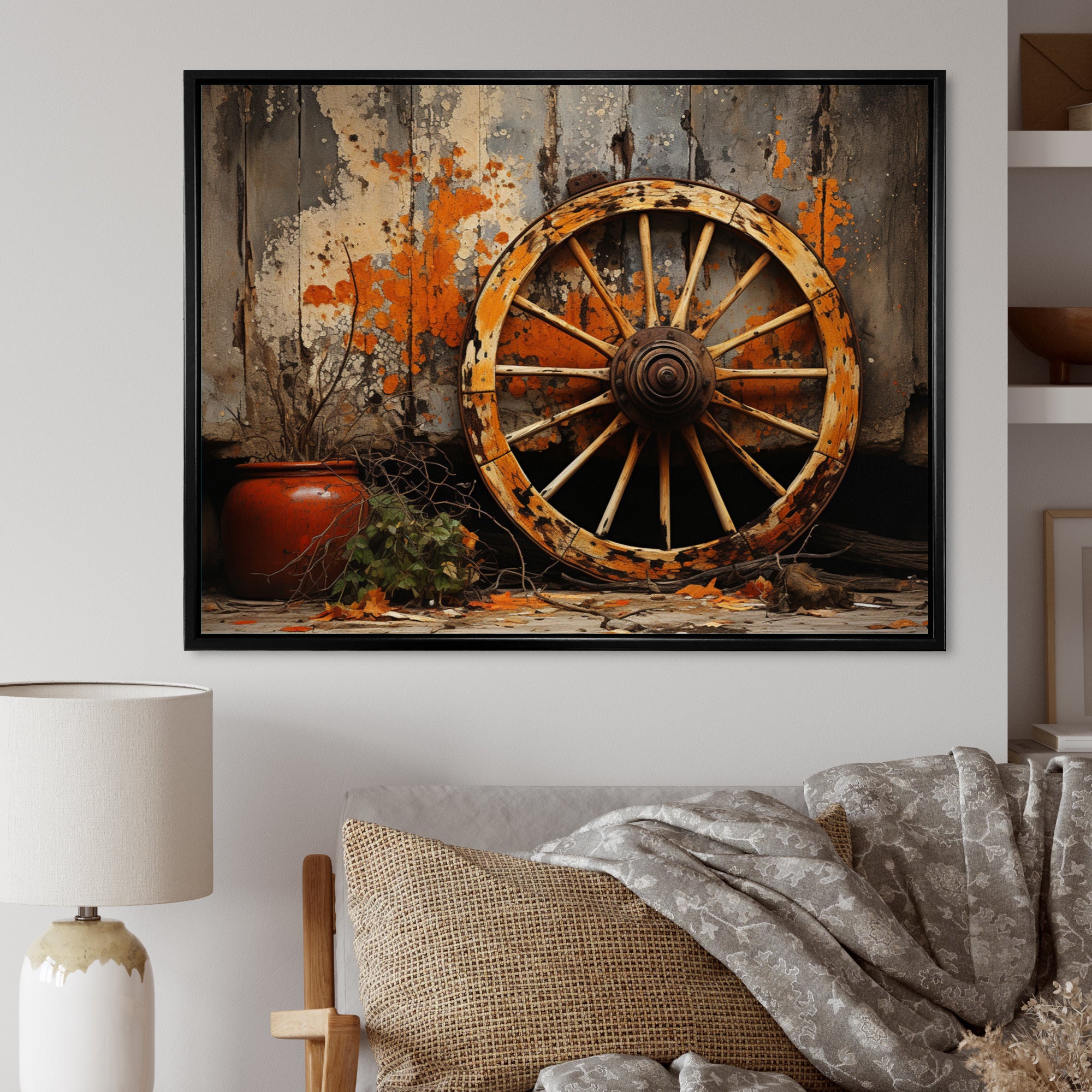 Orange Old Cart Wheels I - Old American Cart Canvas Wall Art