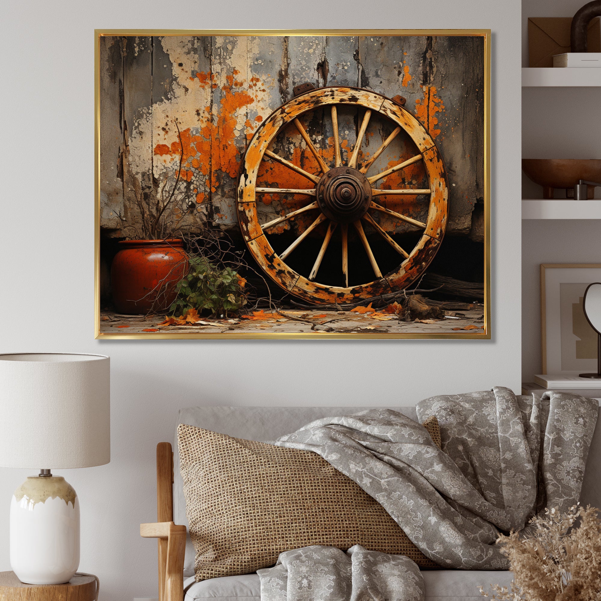 Orange Old Cart Wheels I - Old American Cart Canvas Wall Art
