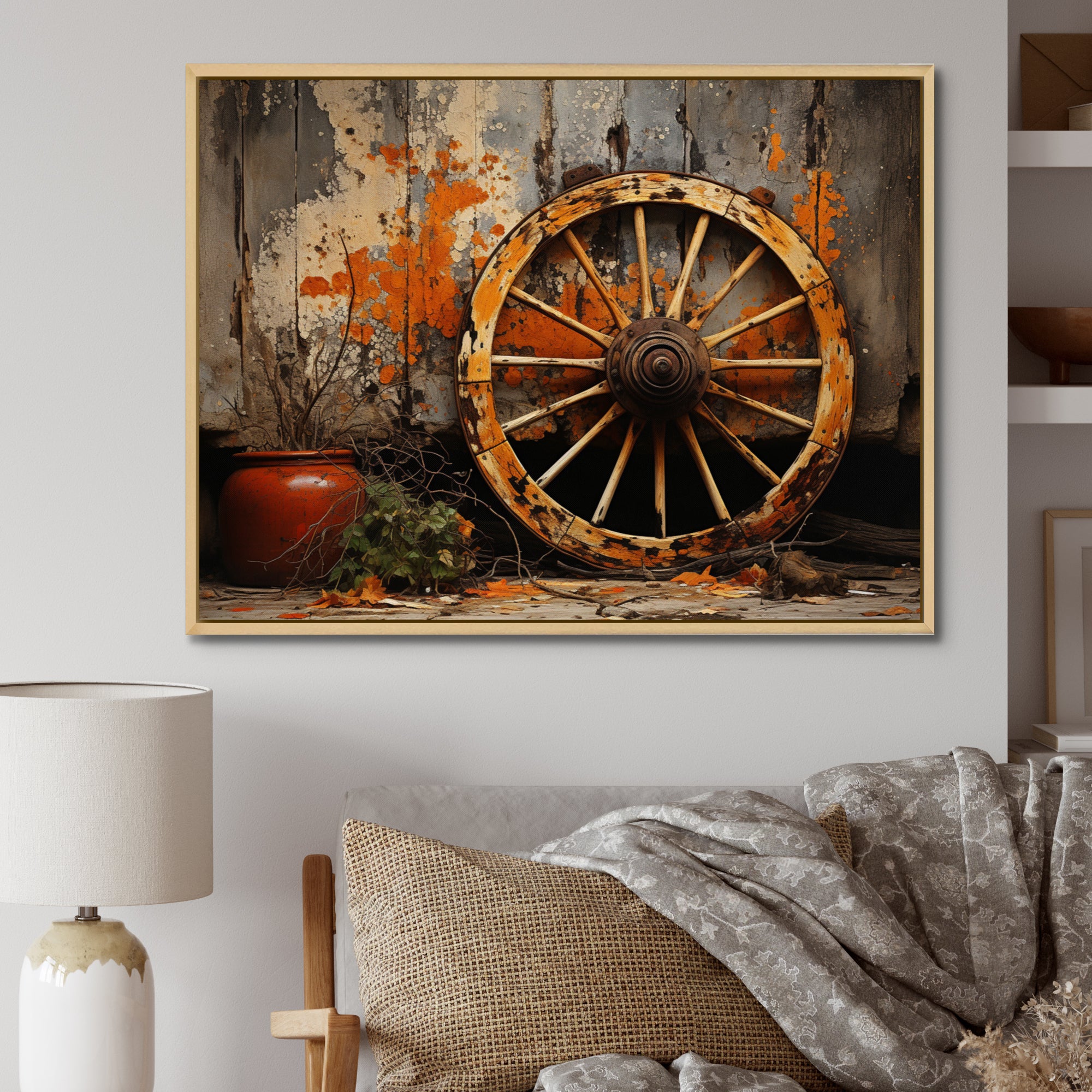 Orange Old Cart Wheels I - Old American Cart Canvas Wall Art