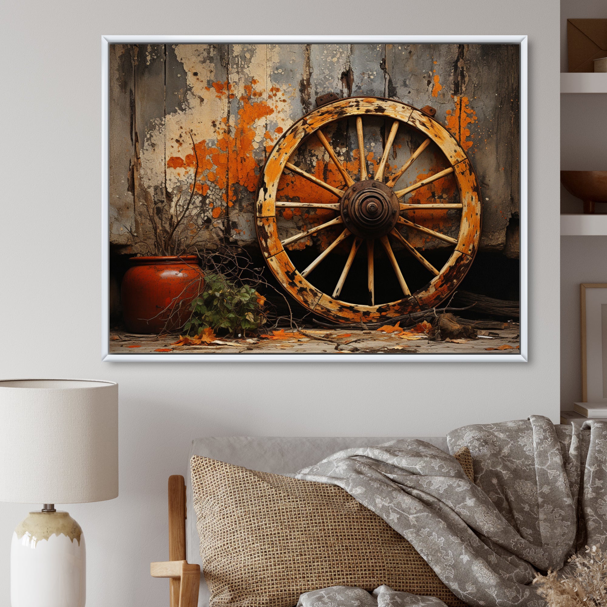 Orange Old Cart Wheels I - Old American Cart Canvas Wall Art