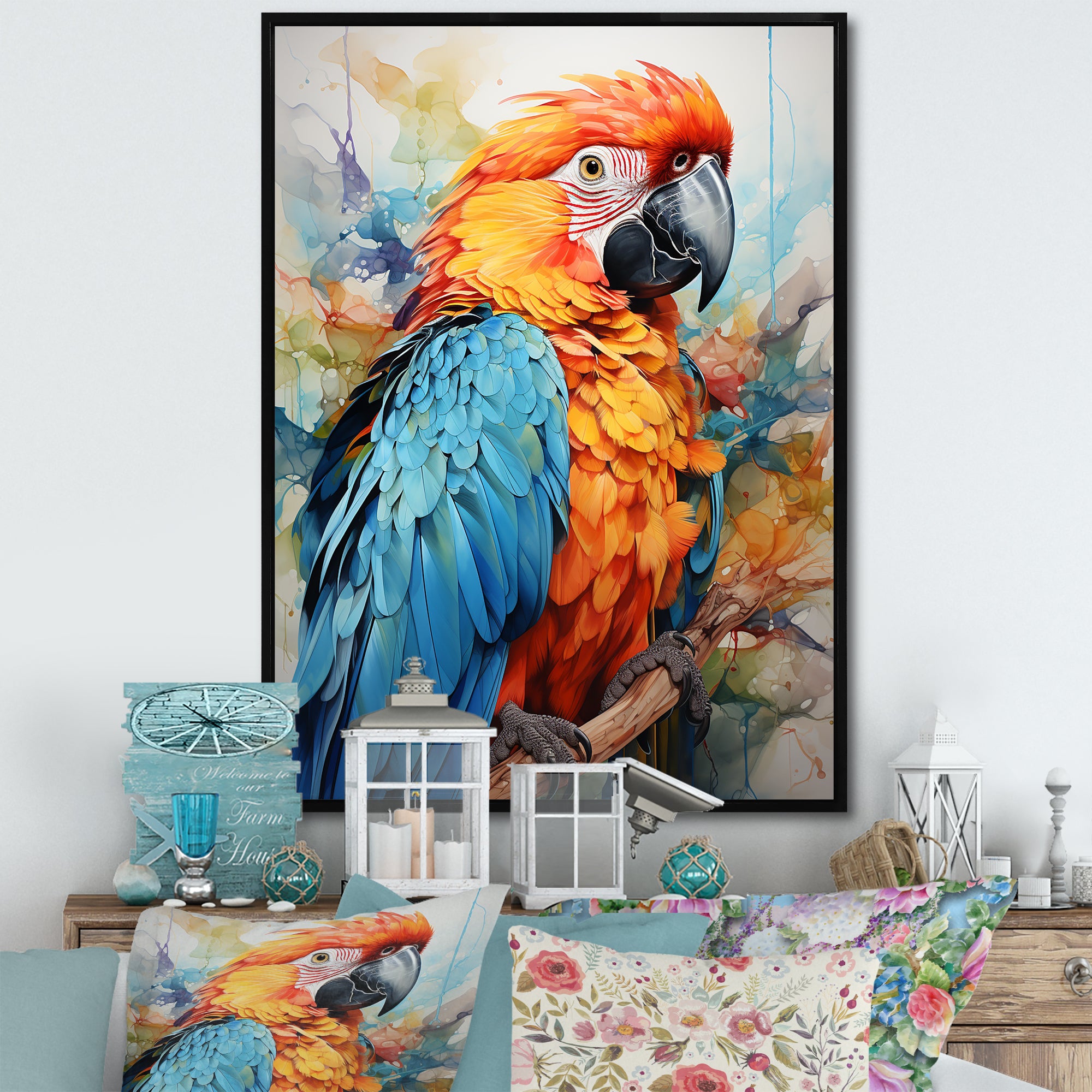 Orange Blue Parrot Vibrant Plumage - Orange Parrot Wall Art