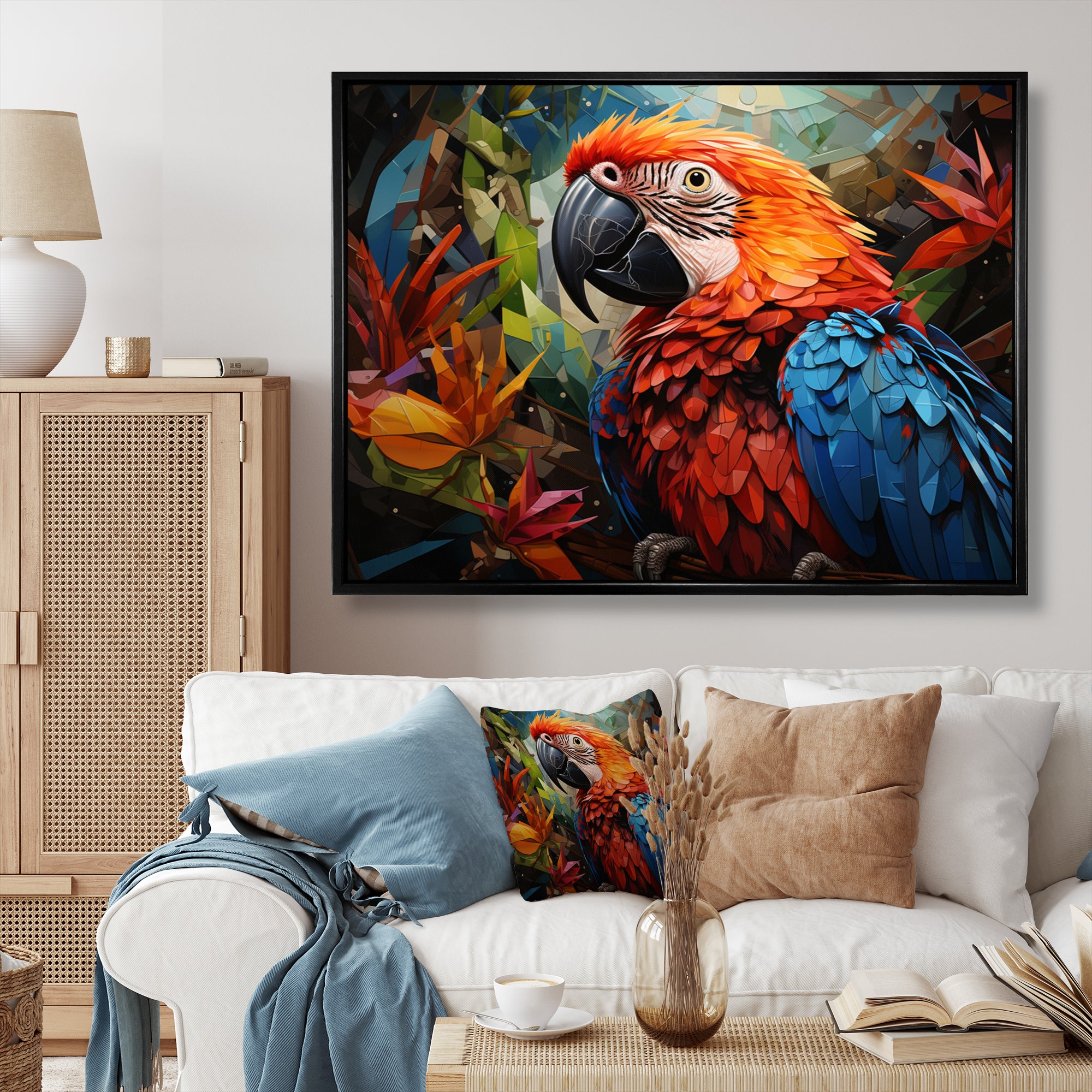 Red Parrot Vibrant Plumage Geometric - Parrot Large Canvas Wall Art