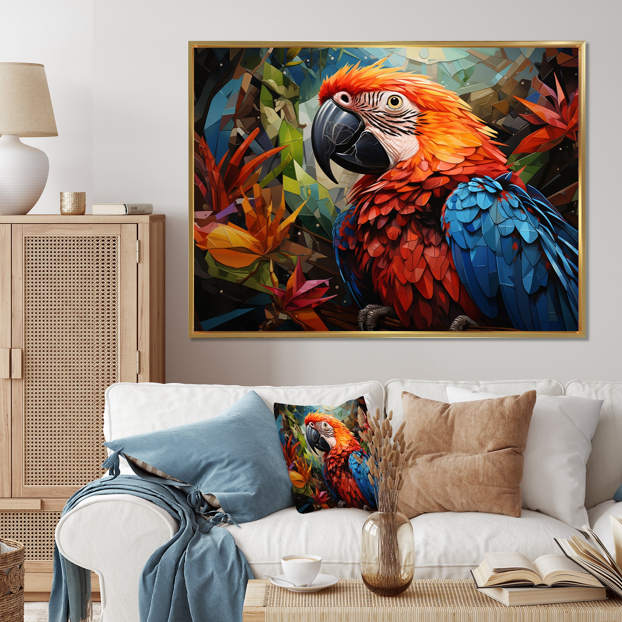 Red Parrot Vibrant Plumage Geometric - Parrot Large Canvas Wall Art