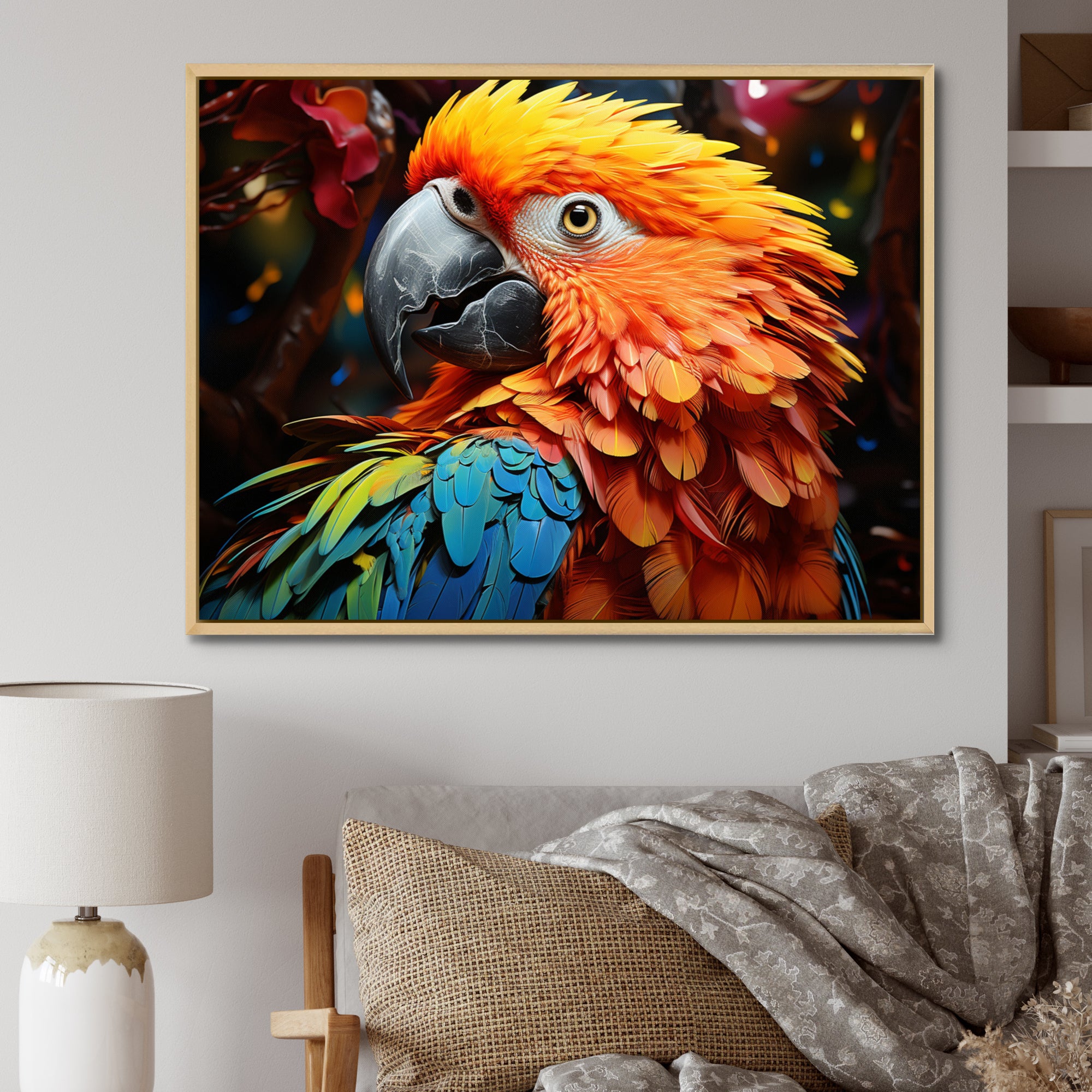Yellow Red Parrot Vibrant Plumage Geometric - Parrot Living Room Wall Art