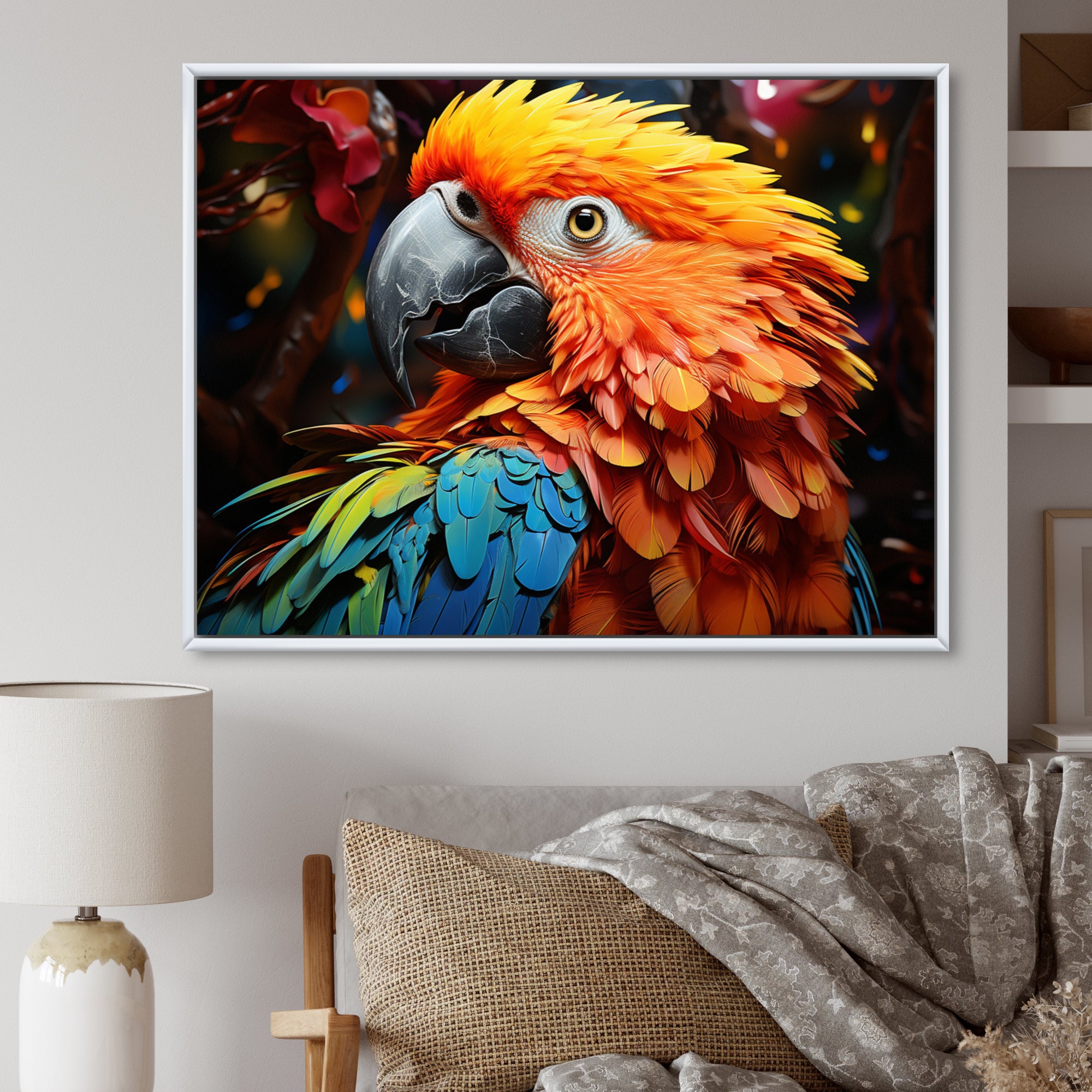 Yellow Red Parrot Vibrant Plumage Geometric - Parrot Living Room Wall Art