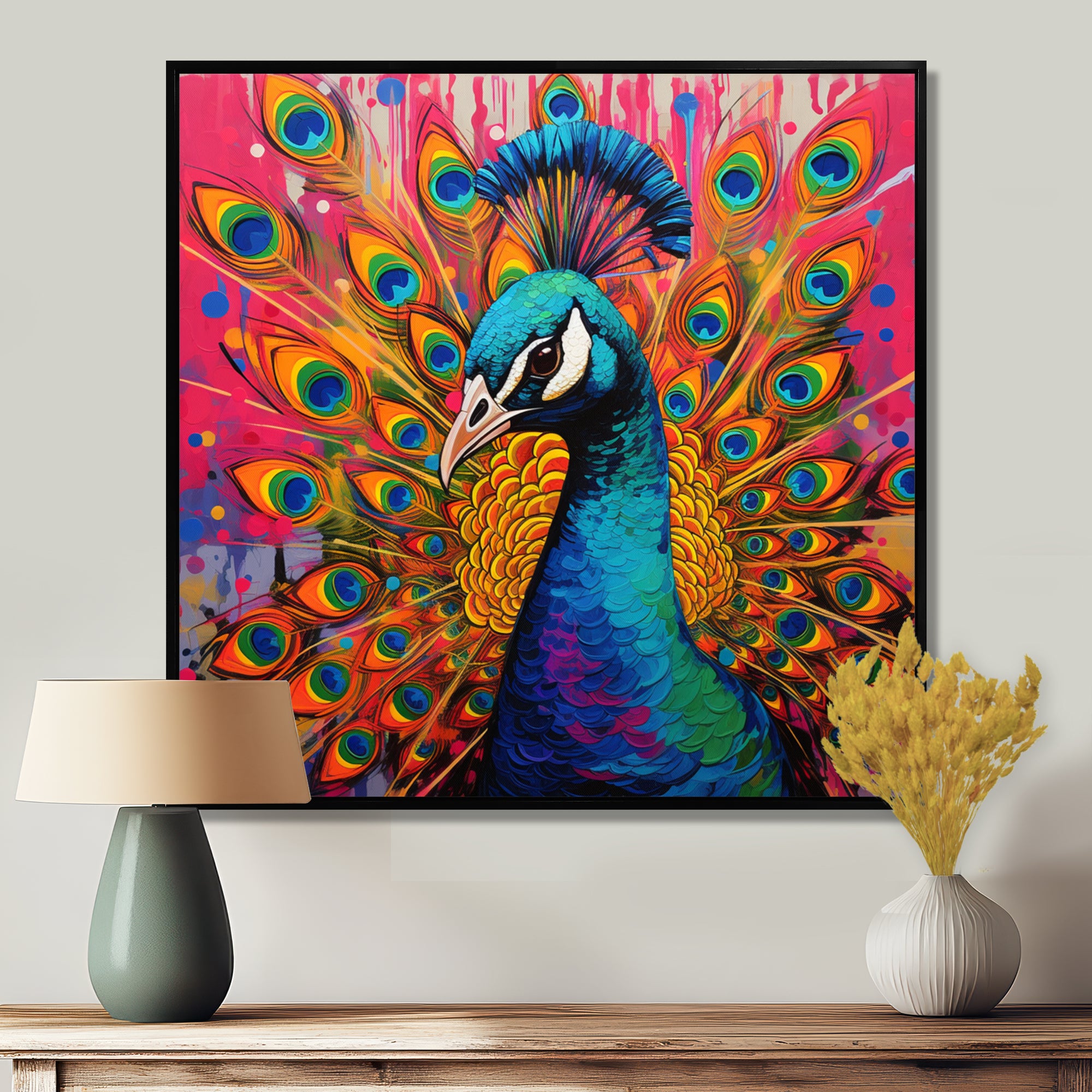 Teal Pink Pop Art Peacock - Peacock Canvas Wall Art