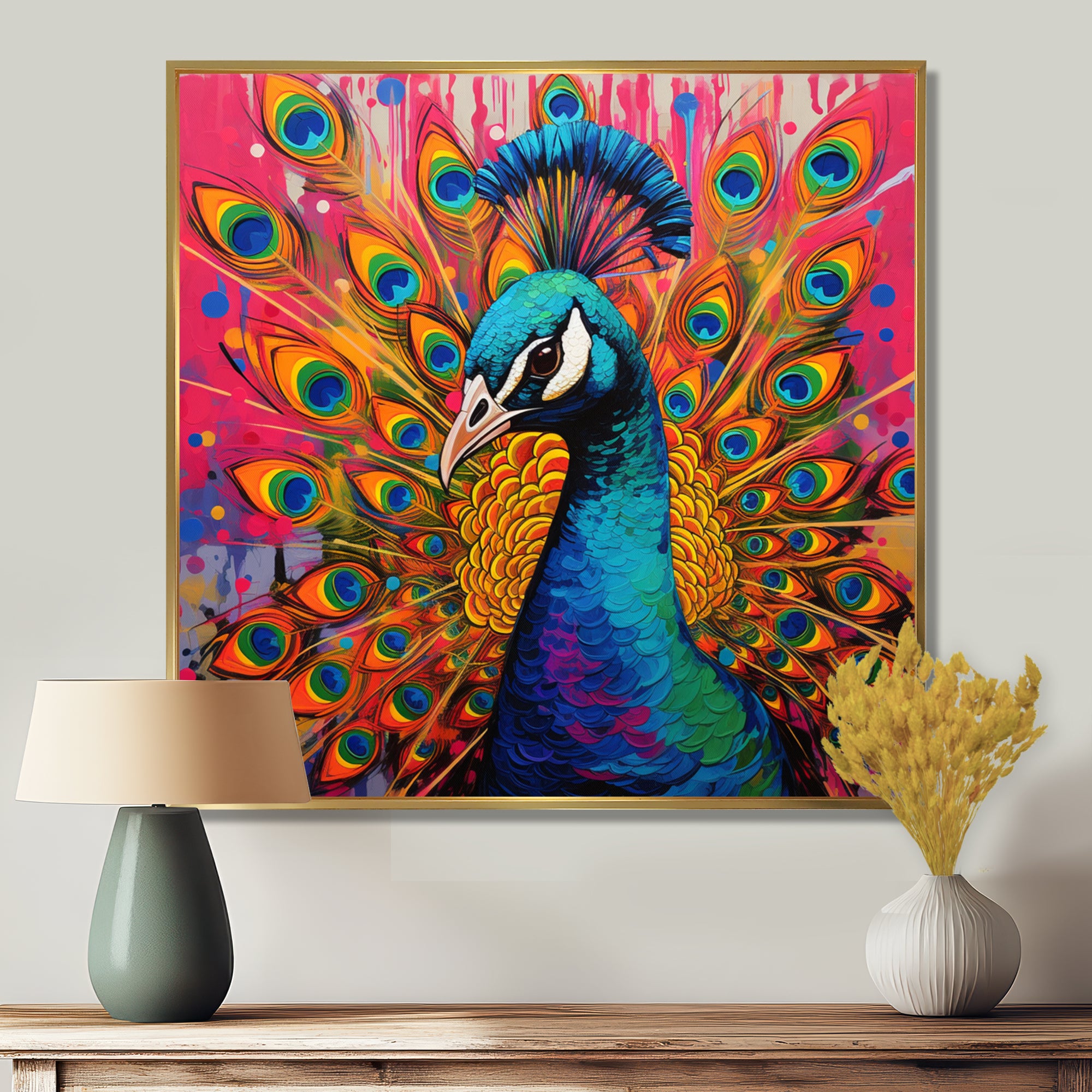 Teal Pink Pop Art Peacock - Peacock Canvas Wall Art