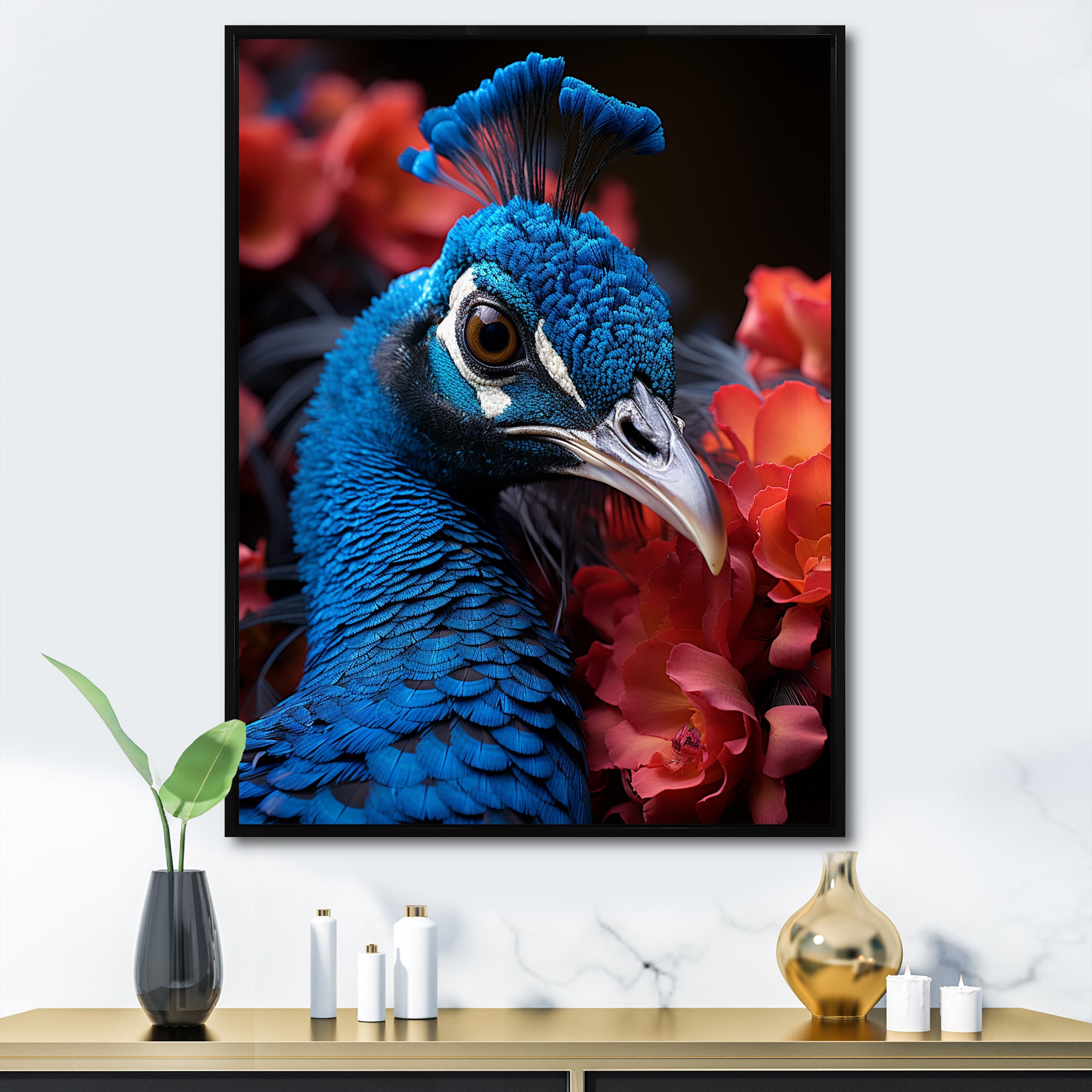 Teal Peacock Portrait Vibrant - Peacock Wall Decor