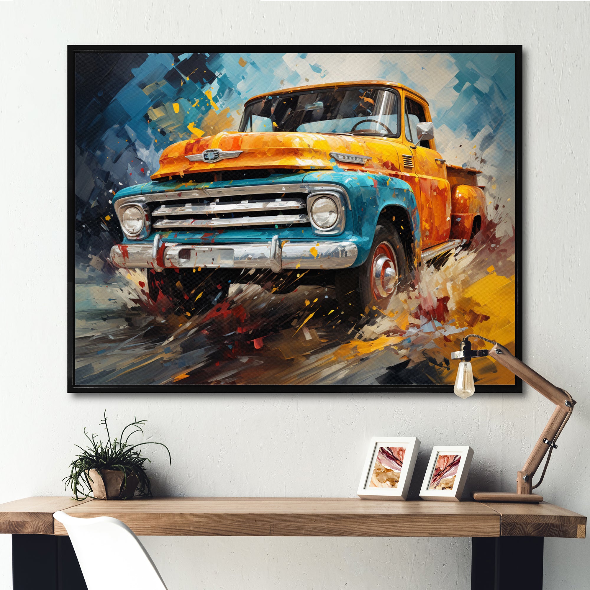 Yellow Pickup Truck Abstract Expressionism - Pickup Truck Canvas Wall Art