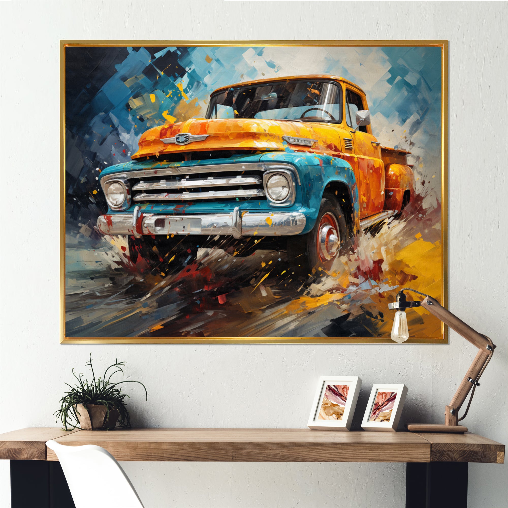 Yellow Pickup Truck Abstract Expressionism - Pickup Truck Canvas Wall Art