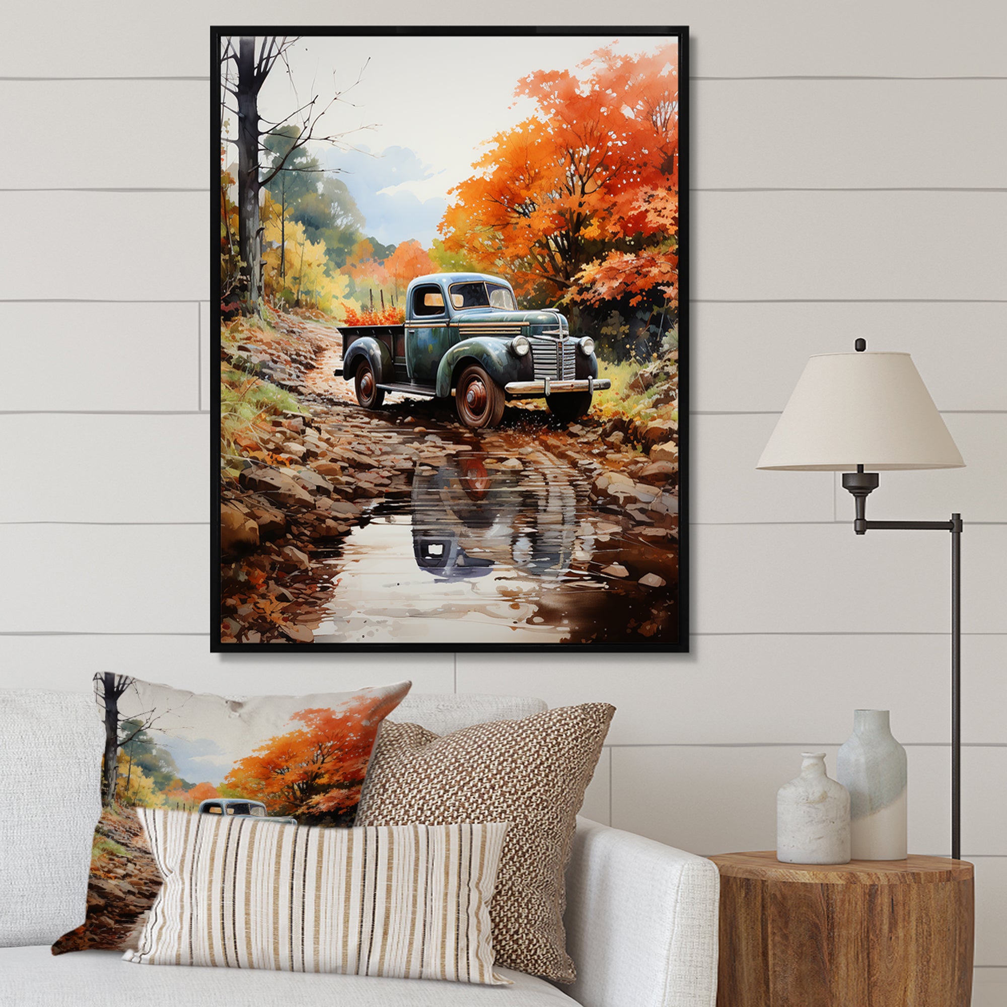 Orange Pickup Truck Autumn Symphony - Pickup Truck Canvas Wall Art